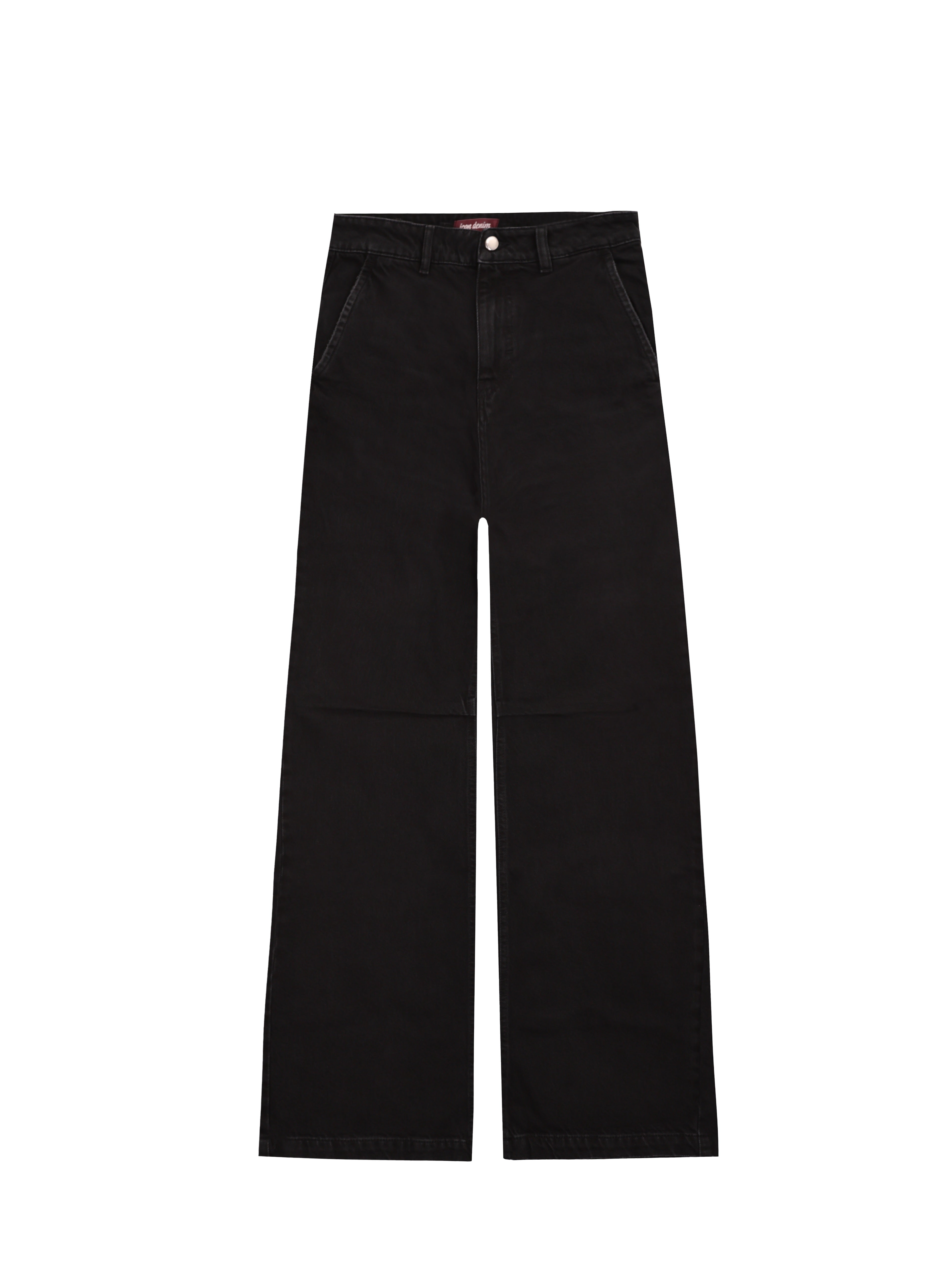 Still life of Ava women’s wide leg jeans in graphite black wash, 100% rigid cotton denim.