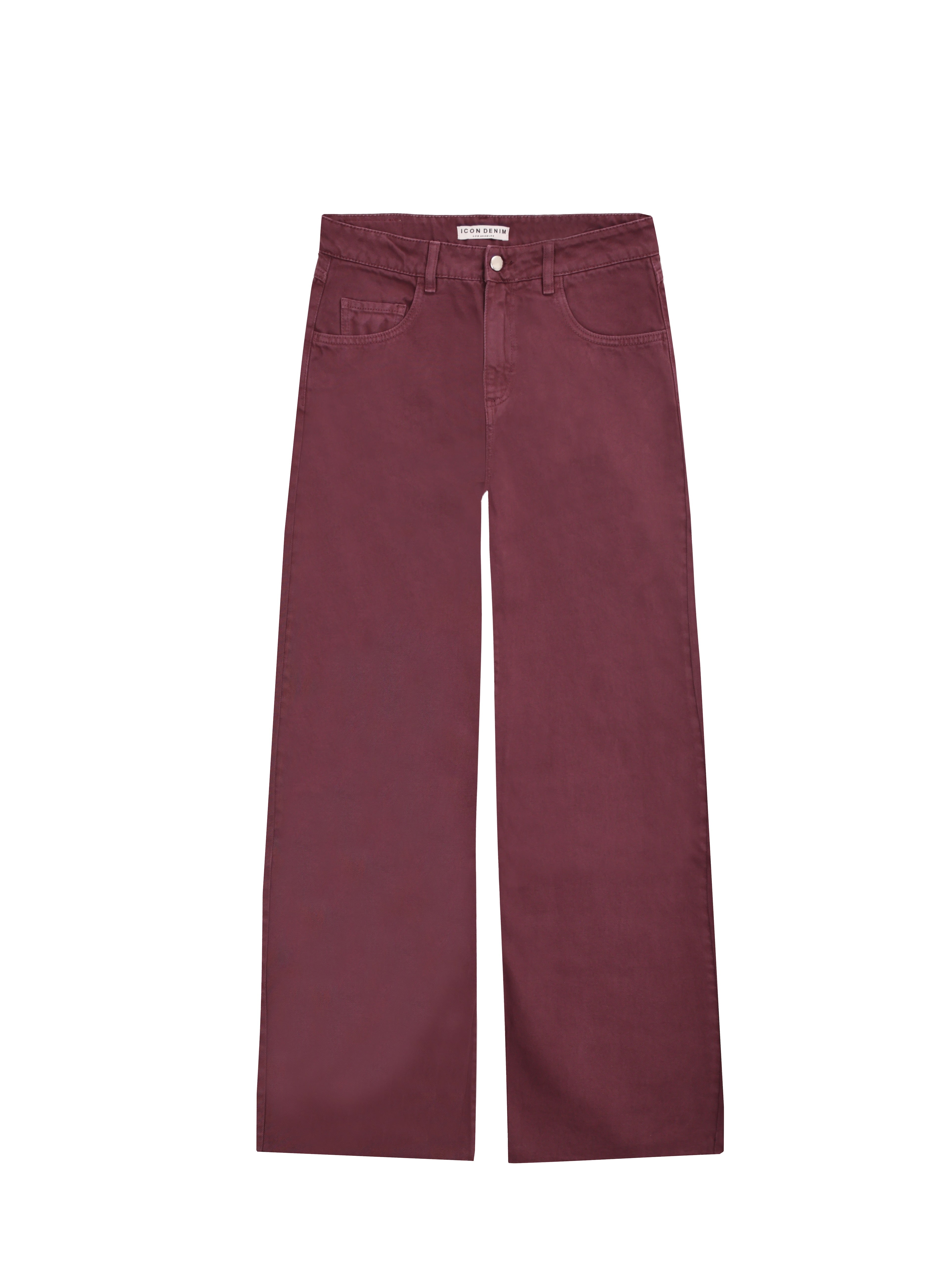 Still life of Bea women’s wide leg jeans in cherry wash, 100% rigid cotton denim.