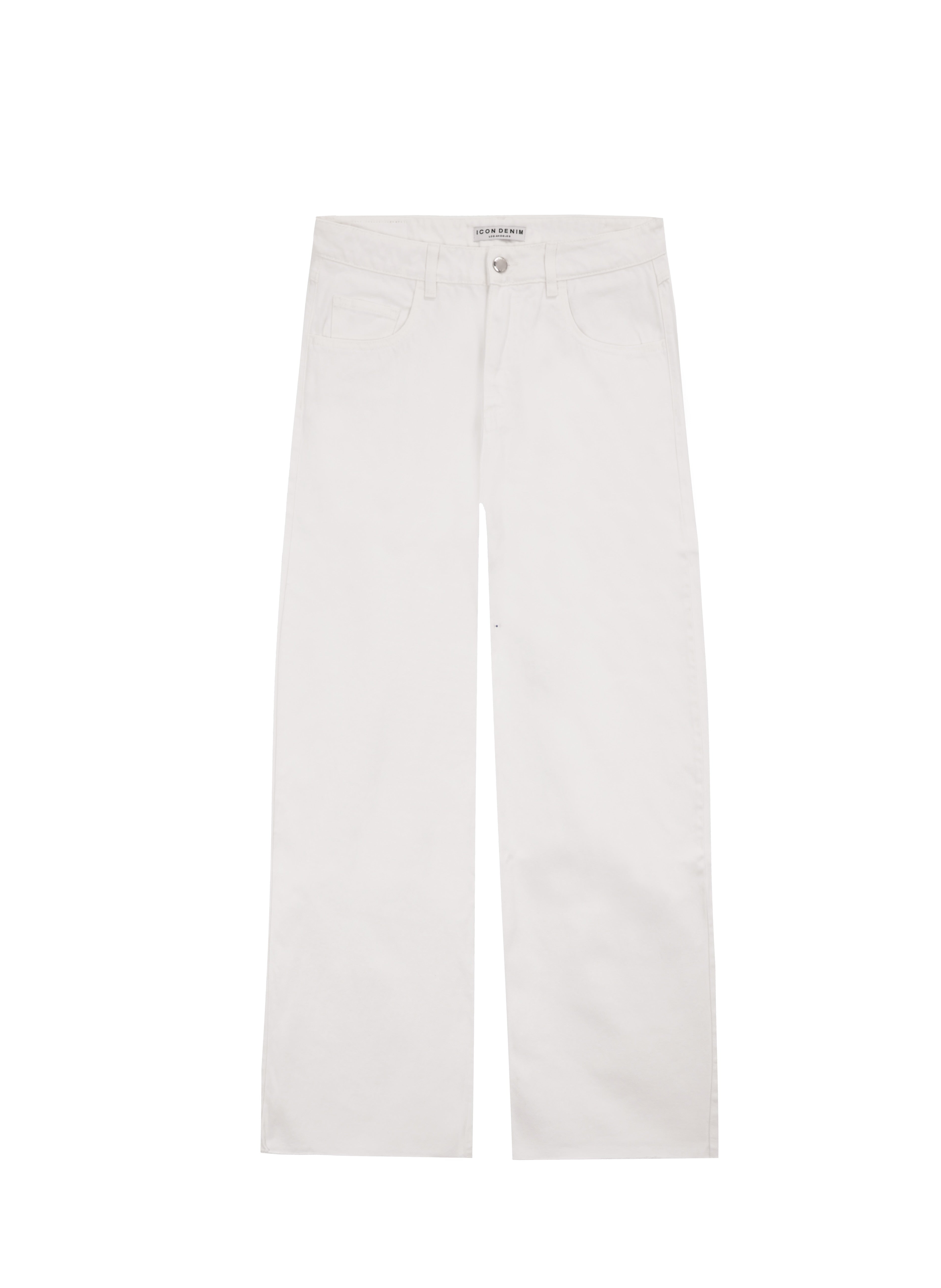 Still life of Bea women’s wide leg jeans in white wash, 100% rigid cotton denim.