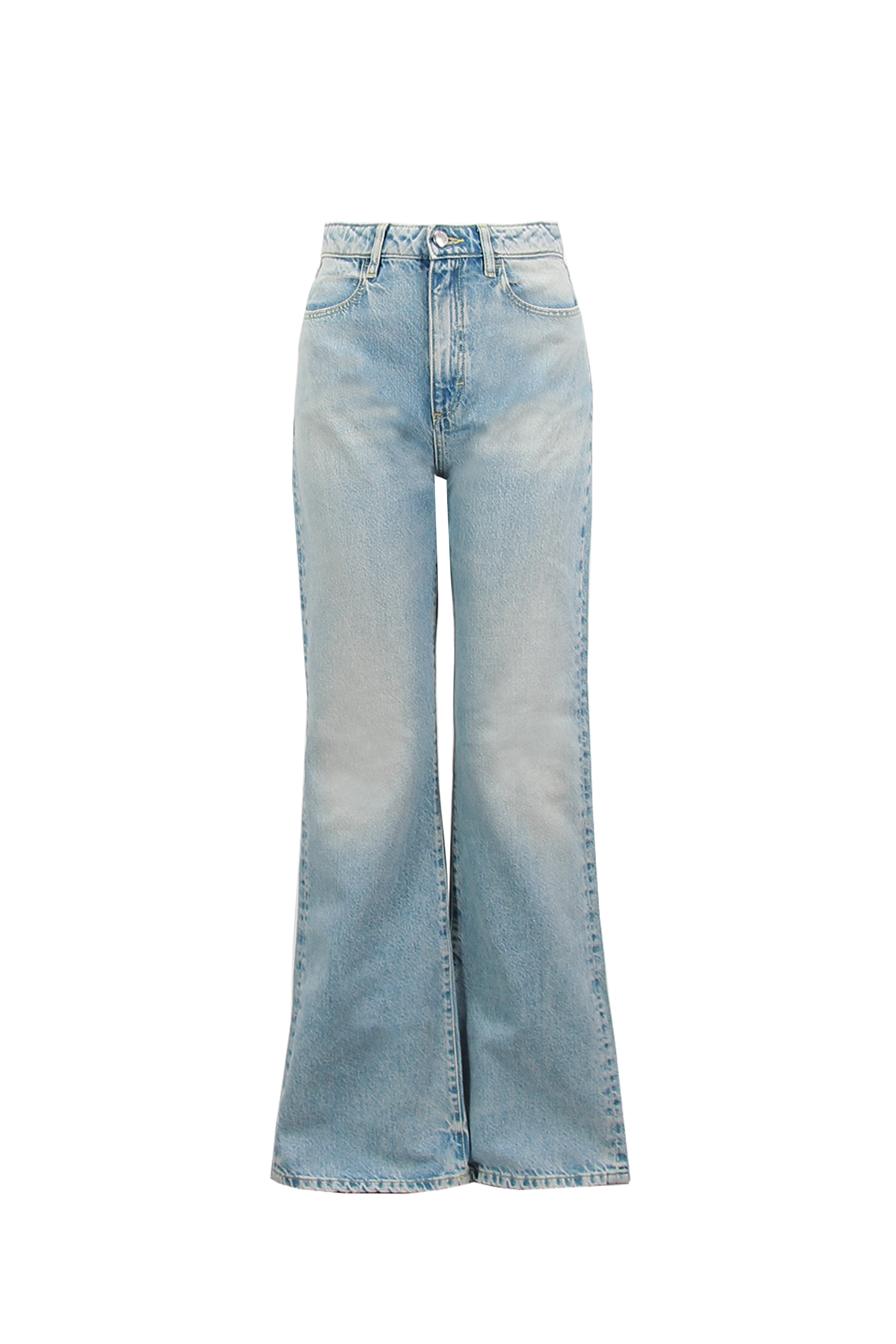 Still life of Blue women’s flared leg jeans in smoke blue wash, 100% rigid cotton denim.