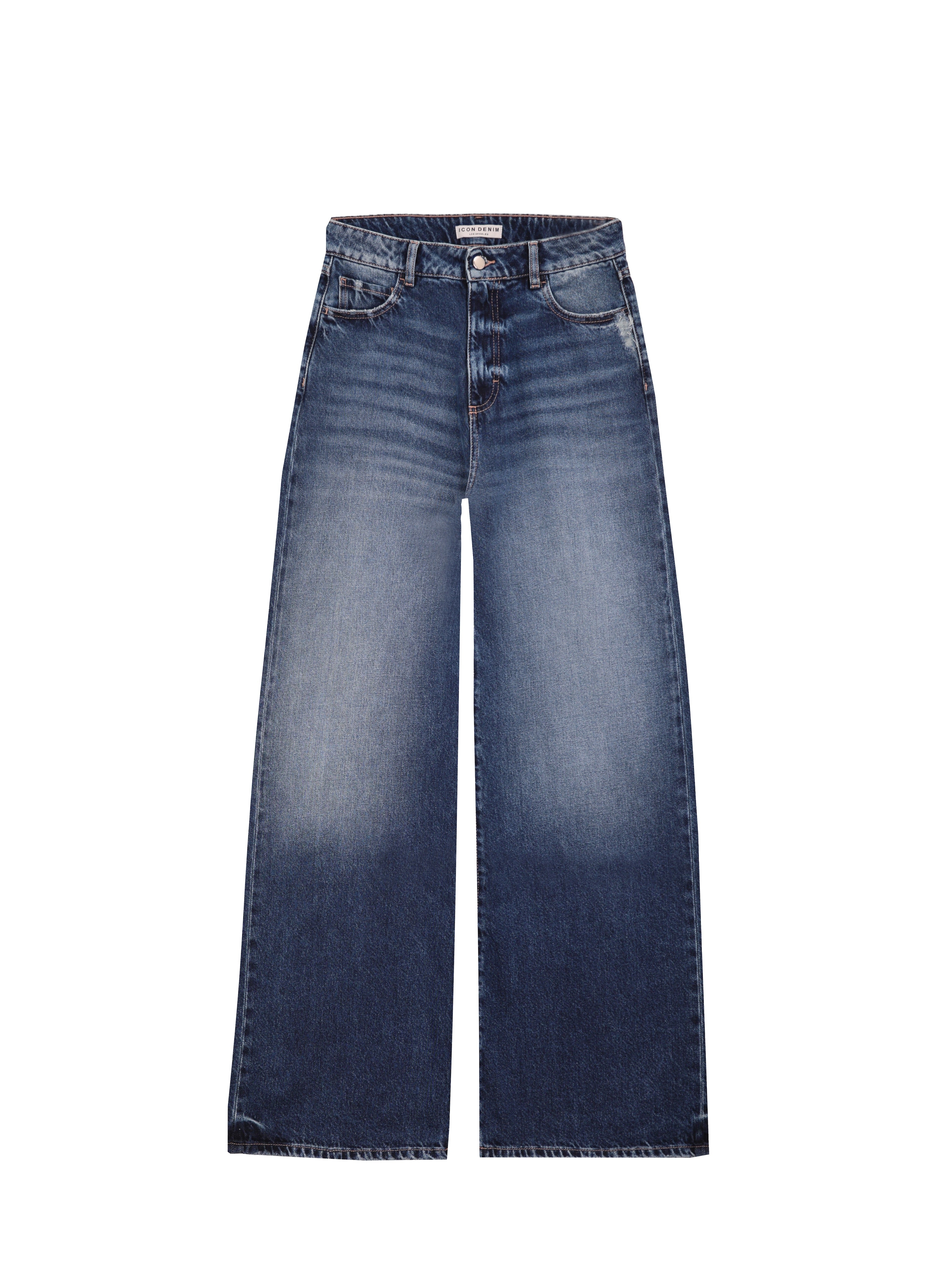 Still life of Debby women’s wide leg jeans in dark blue wash, 100% rigid cotton denim.