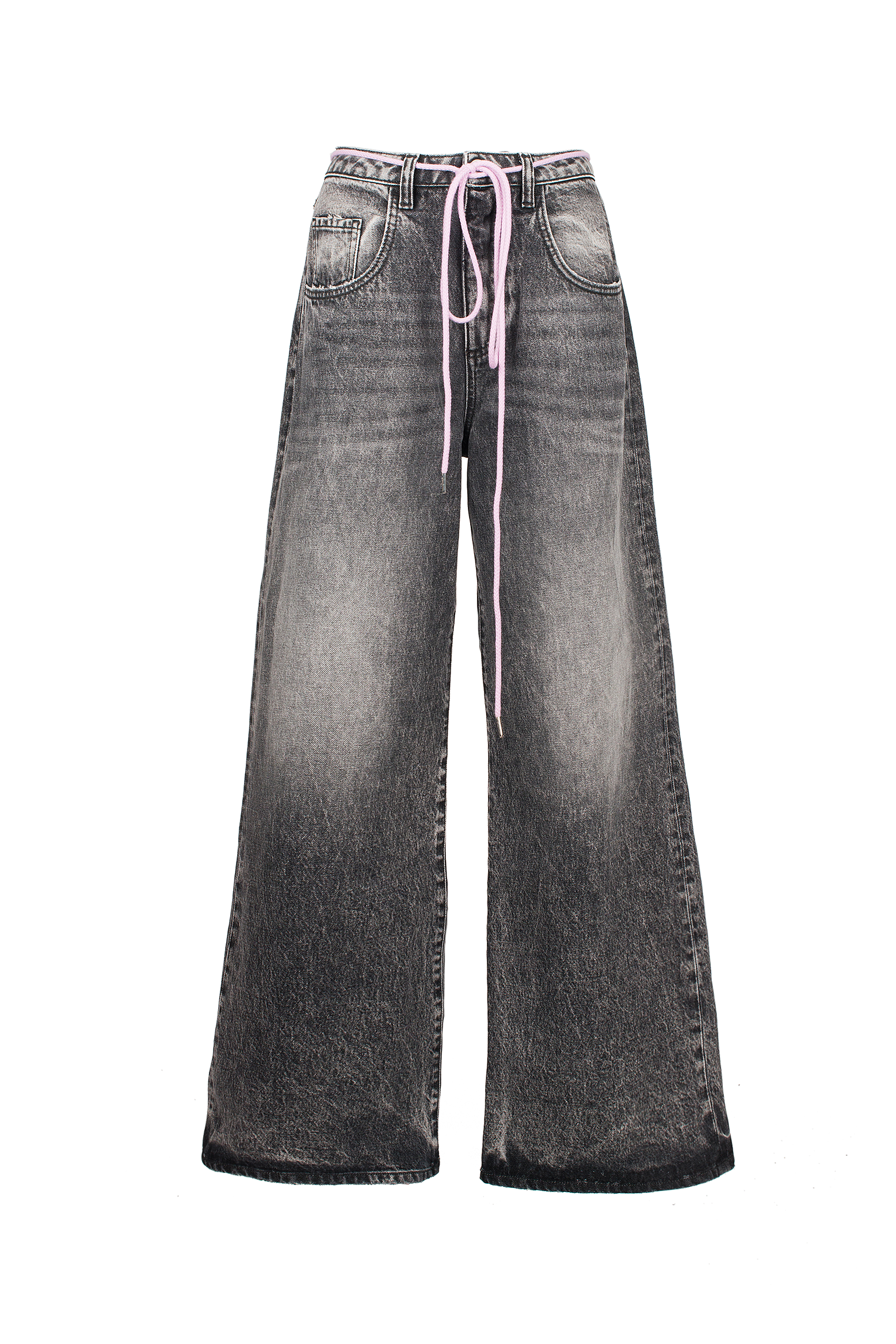 Still life of Debby women’s wide leg jeans in dark gray wash, 100% rigid cotton denim.