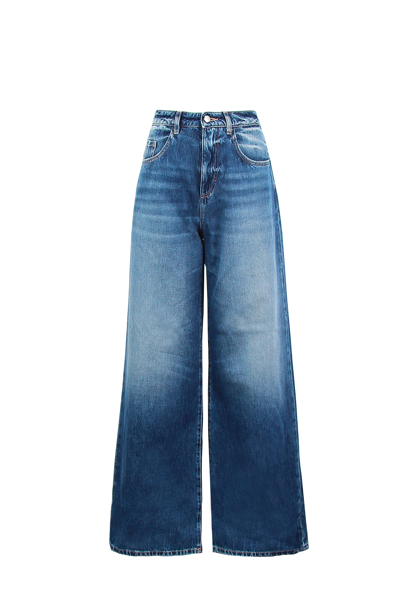 Still life of Debby women’s wide leg jeans in dark wash, 100% rigid cotton denim.