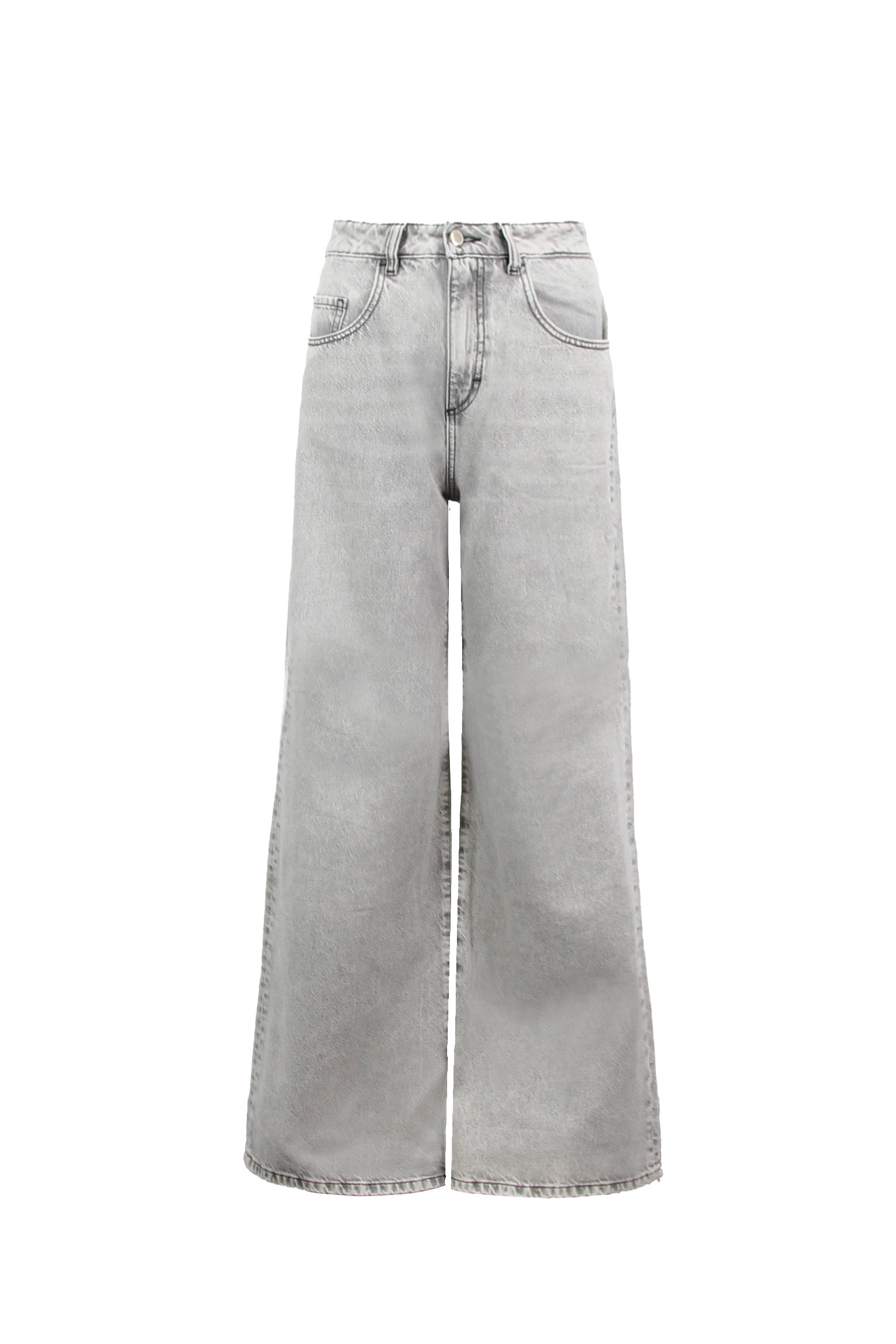Still life of Debby women’s wide leg jeans in gray wash, 100% rigid cotton denim.