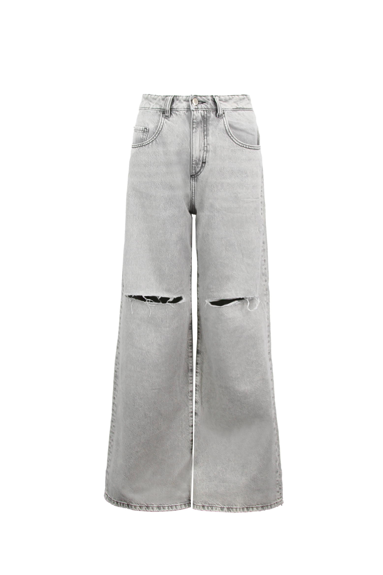 Still life of Debby women’s wide leg jeans in gray wash, 100% rigid cotton denim.