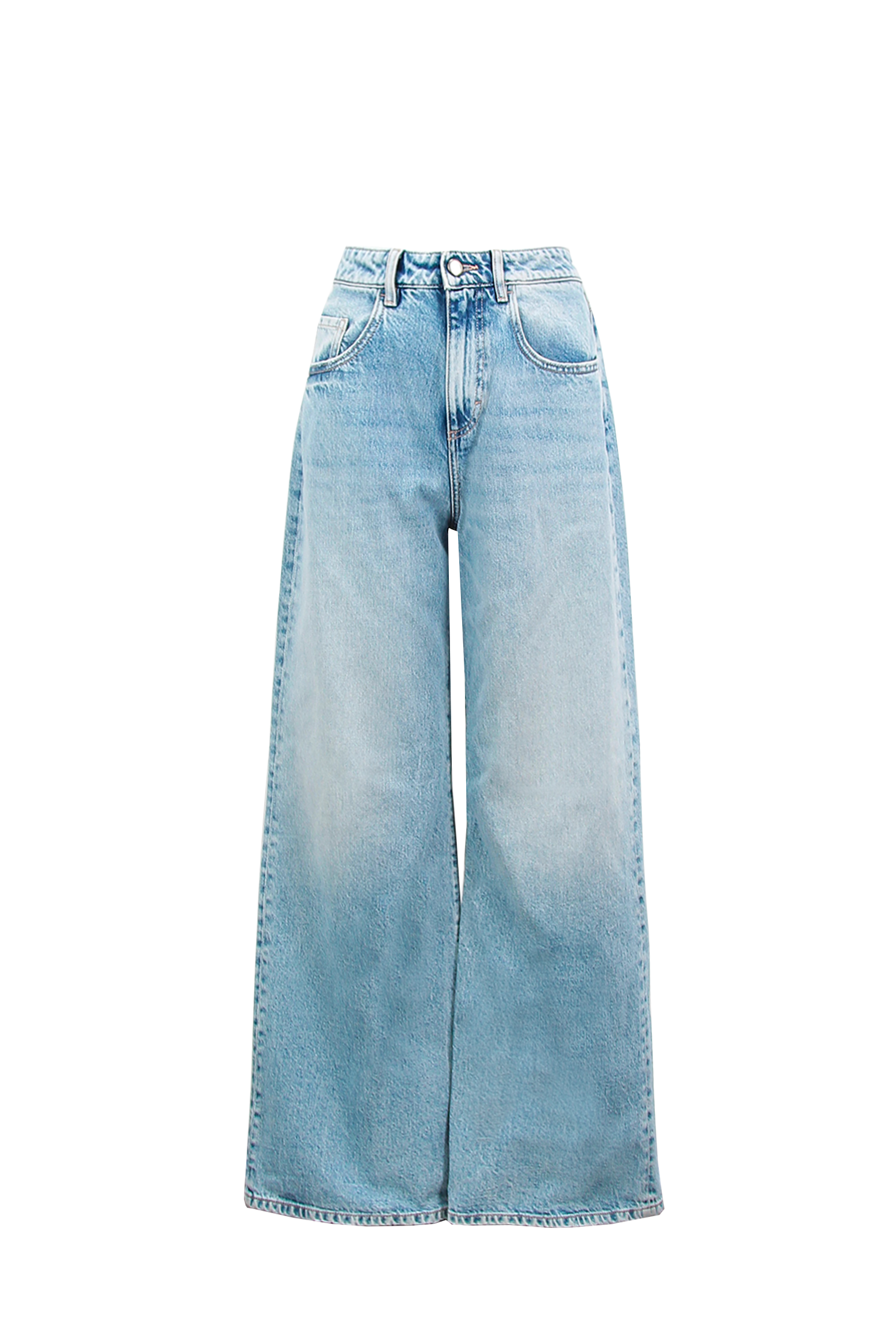 Still life of Debby women’s wide leg jeans in light wash, 100% rigid cotton denim.