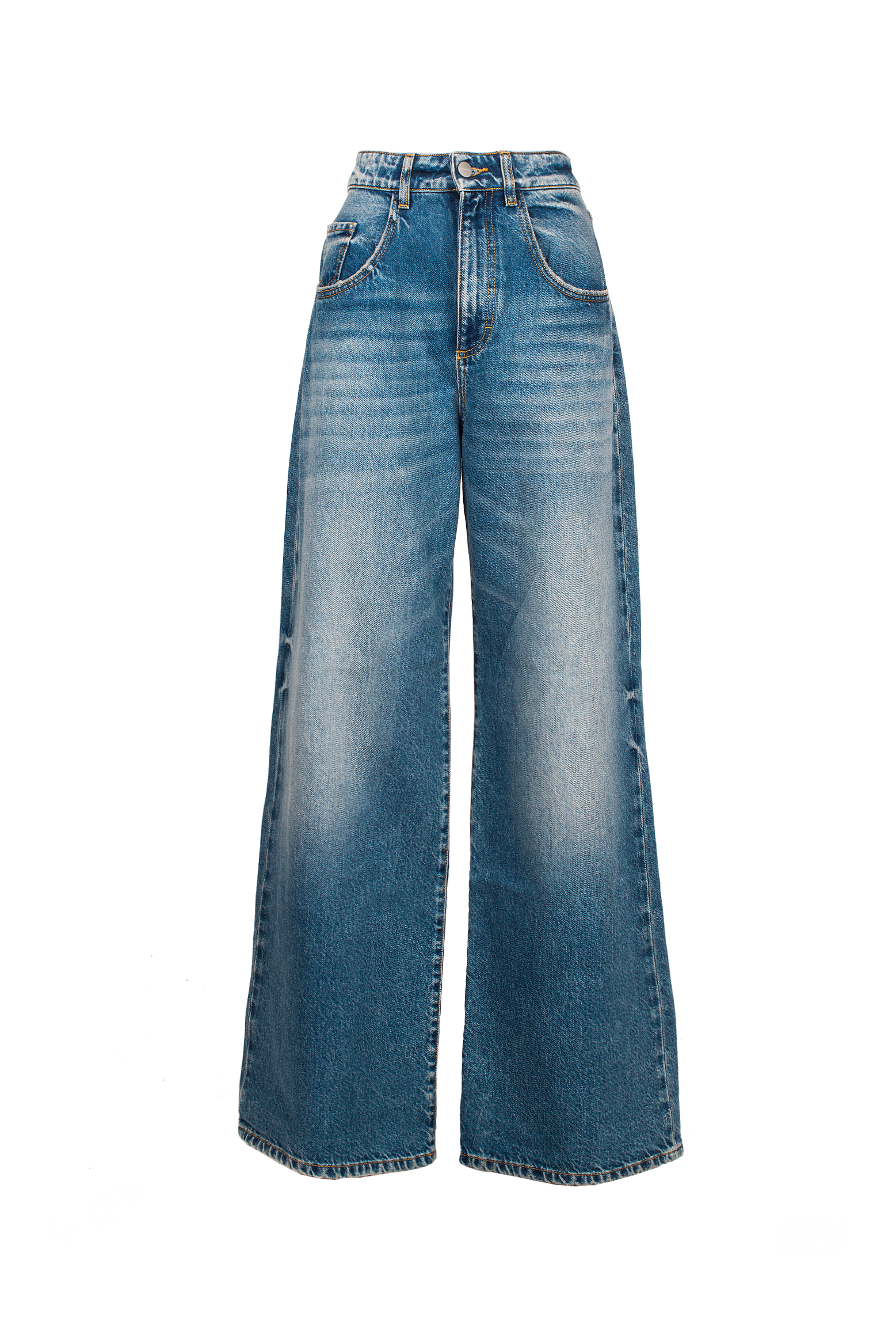 Still life of Debby women’s wide leg jeans in medium wash, 100% rigid cotton denim.