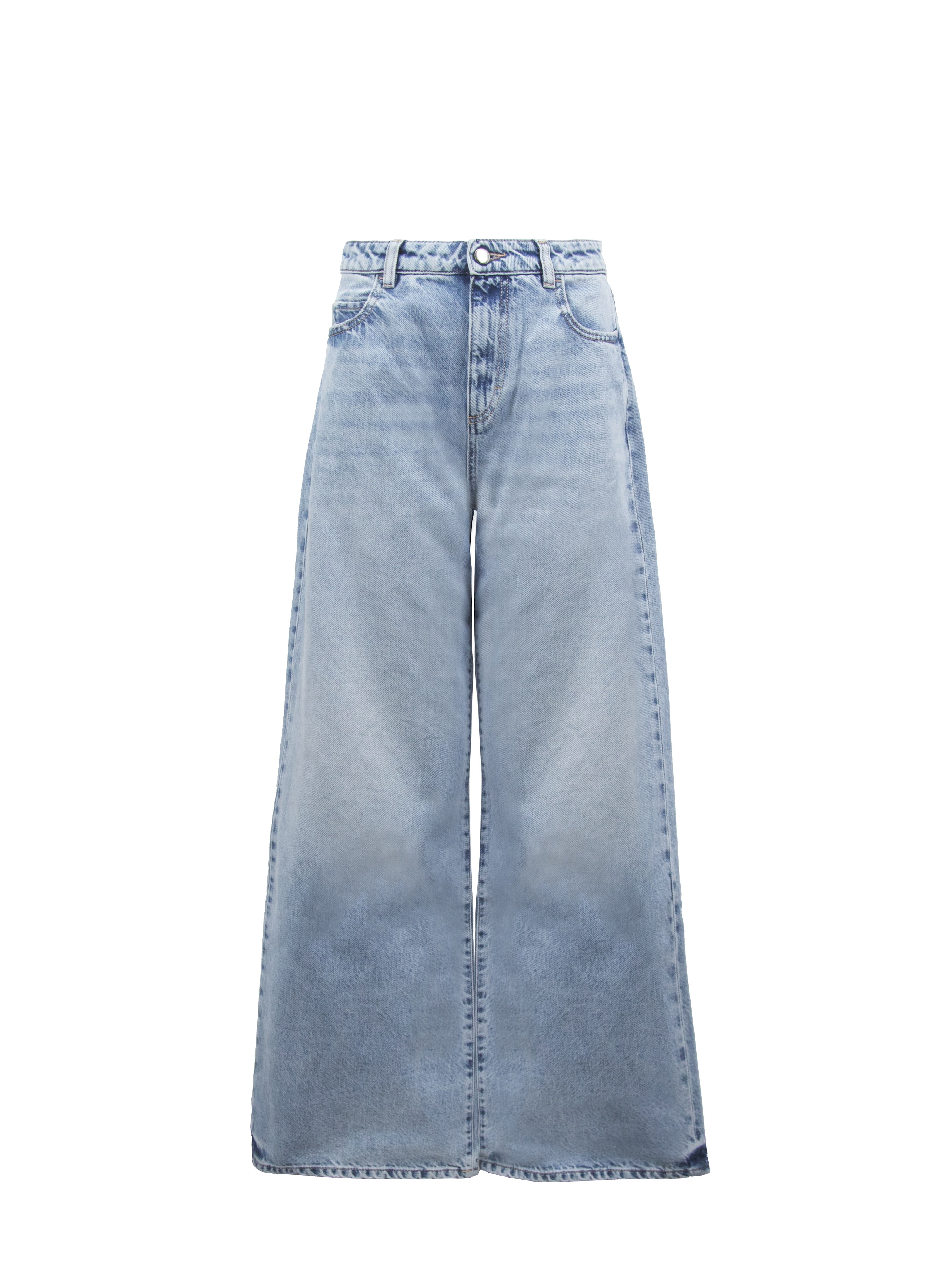 Still life of Debby women’s wide leg jeans in sky blue wash, 100% rigid cotton denim.
