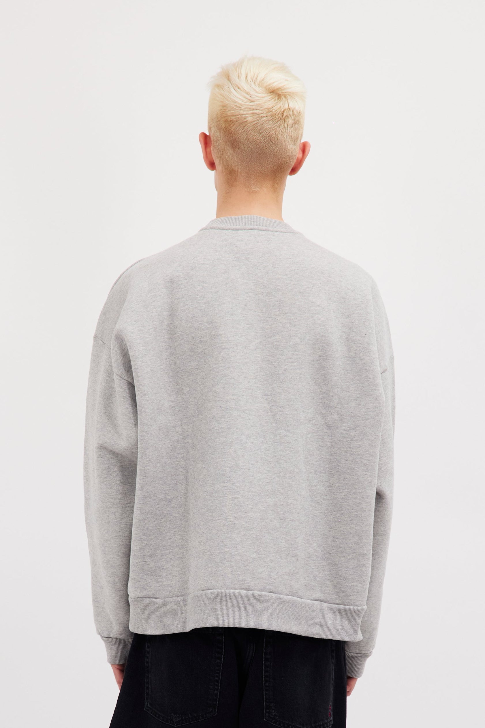 Back view of Fitz men’s sweatshirt in gray, 100% cotton, worn by a model.