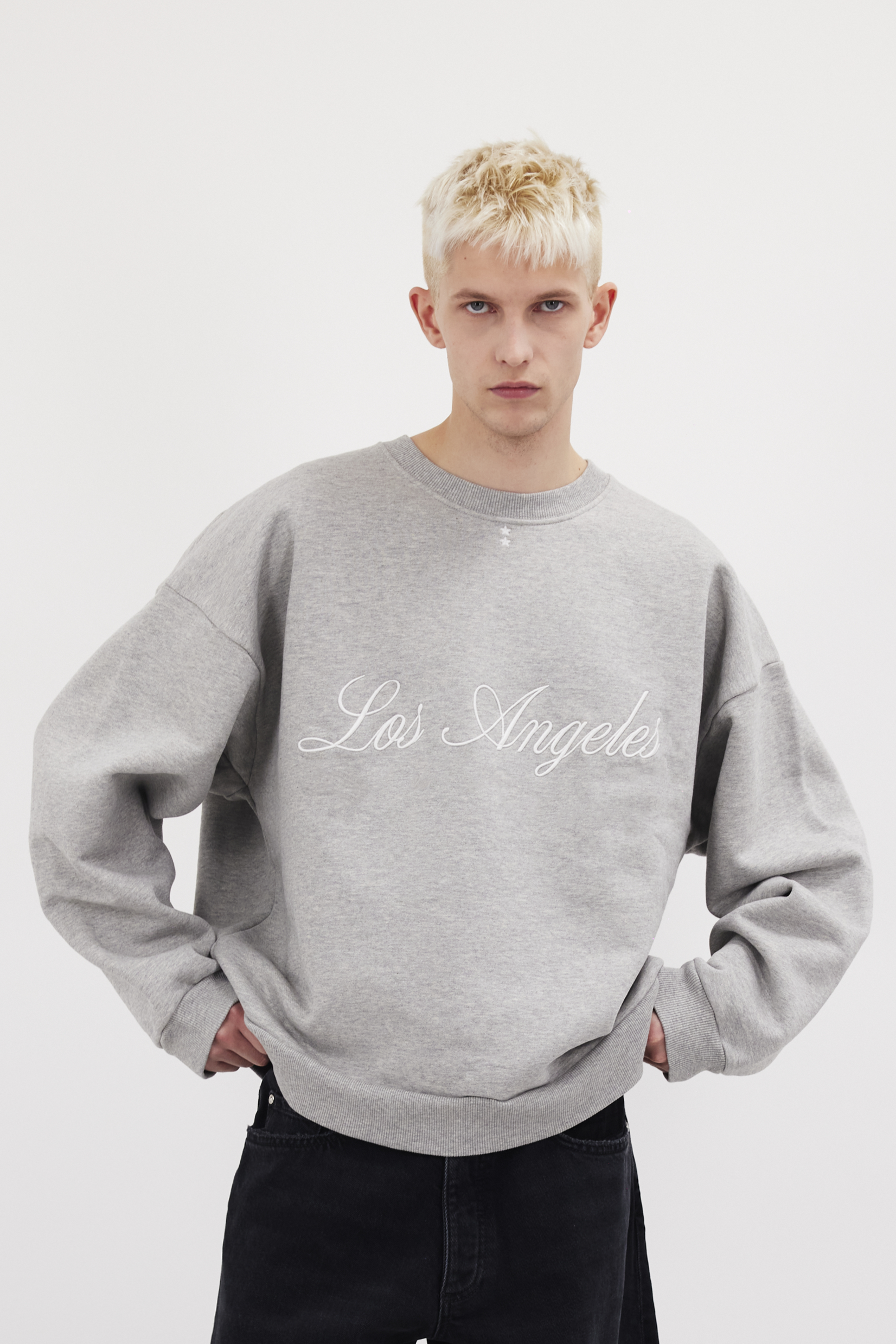 Fitz men’s sweatshirt in gray, 100% cotton, worn by a model.