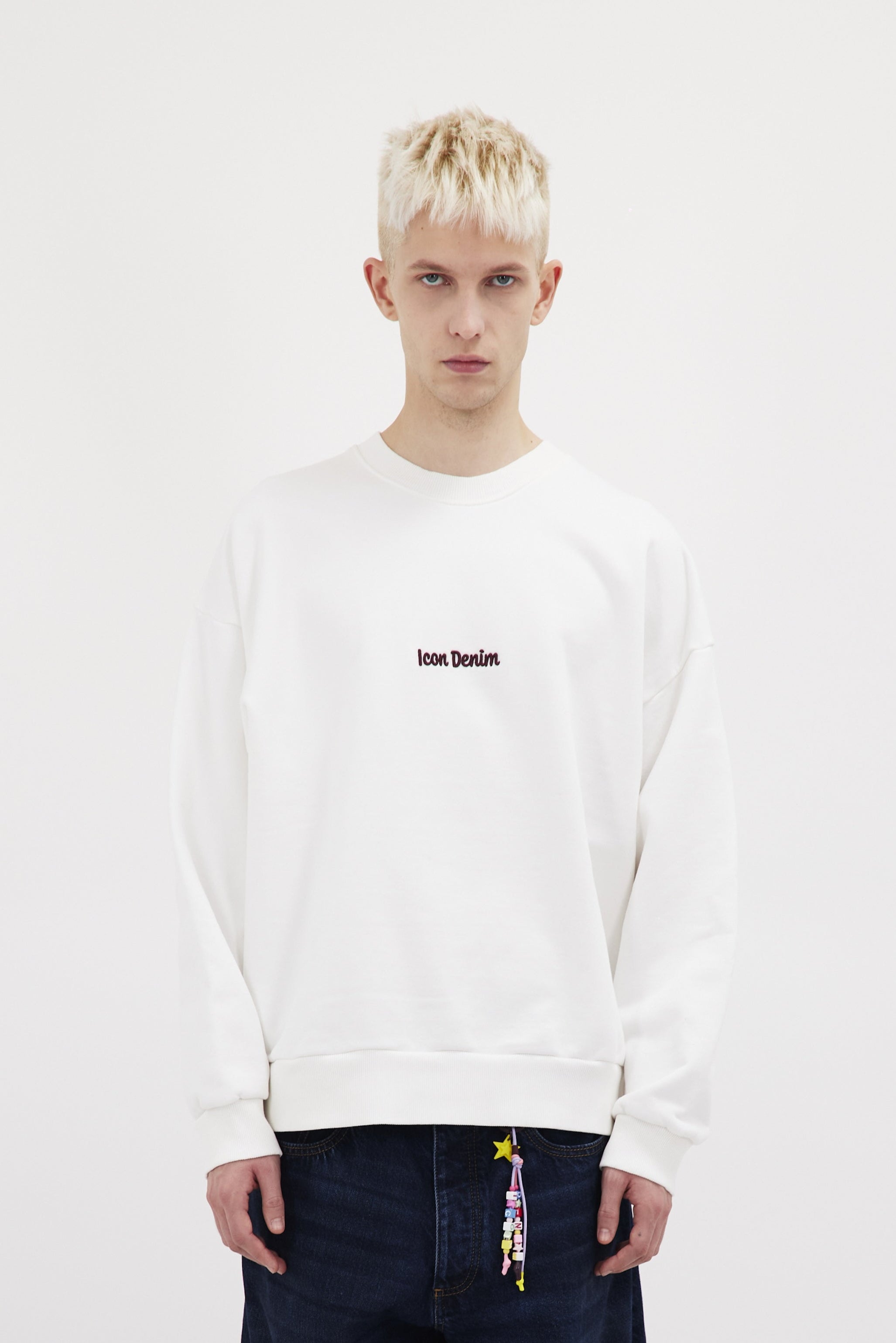 Fitz men’s sweatshirt in white, 100% cotton, worn by a model.