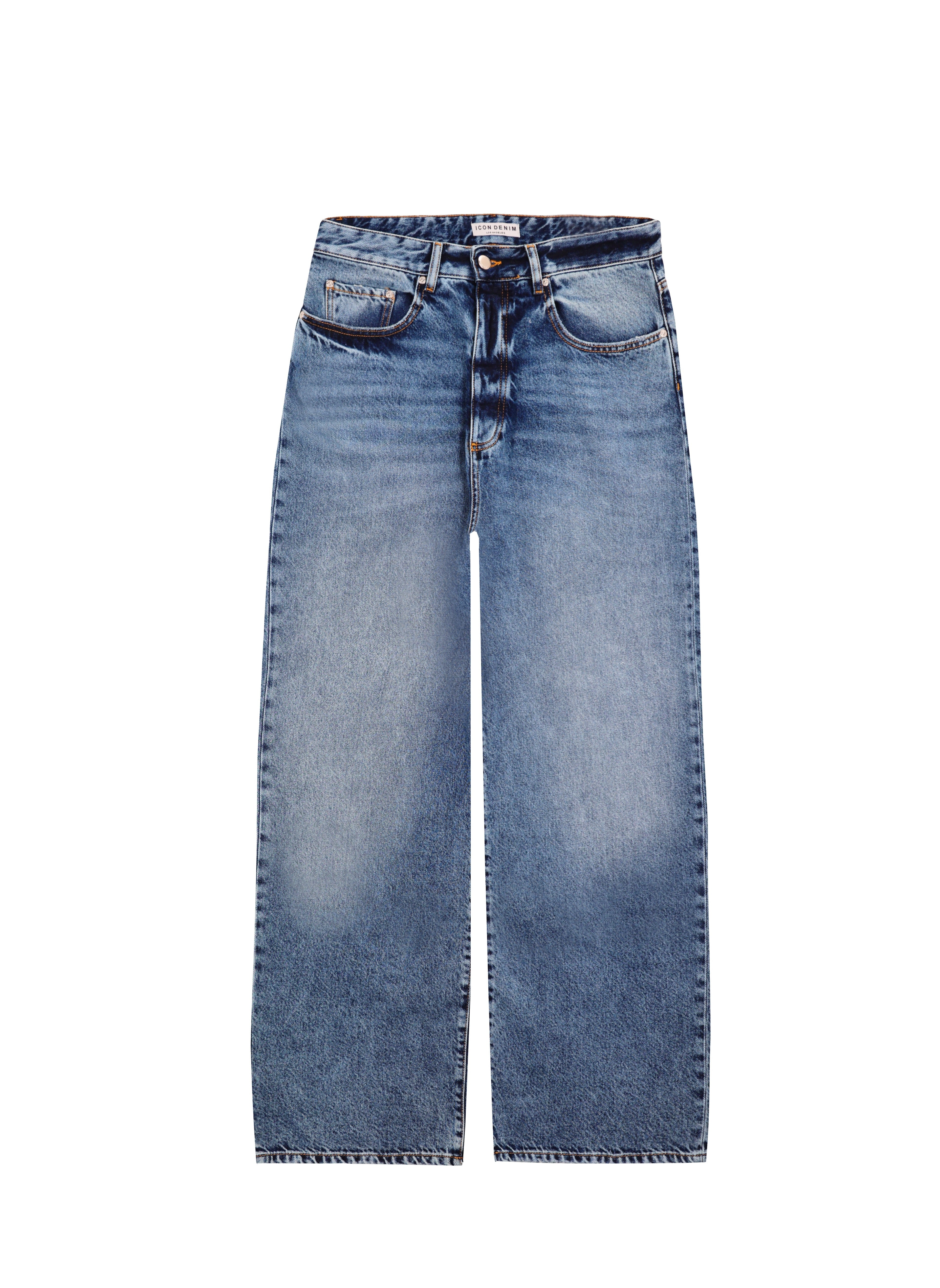 Still life of Gab men’s wide leg jeans in misty blue wash, 100% rigid cotton denim.