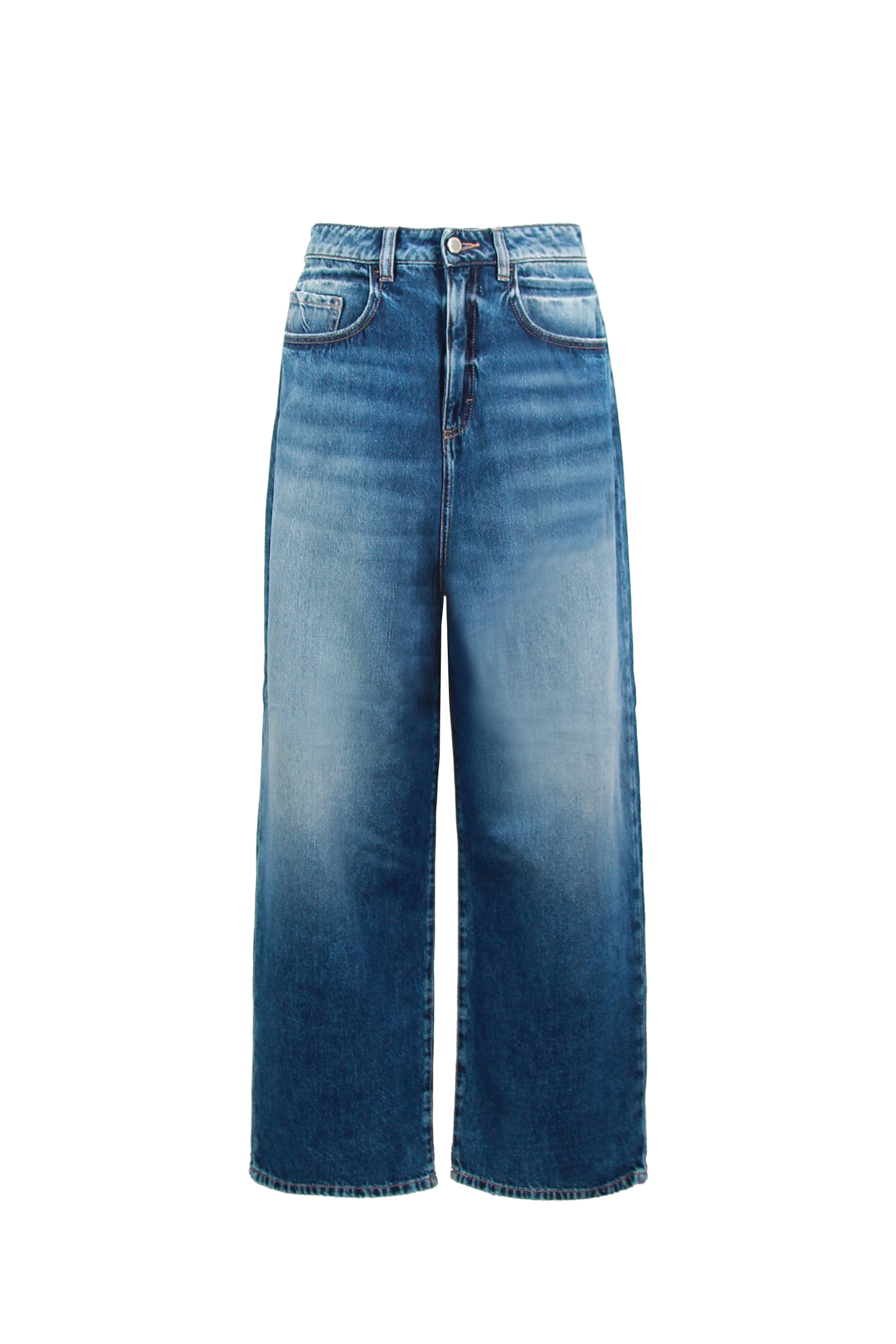 Still life of Holly women’s wide leg jeans in medium wash, 100% rigid cotton denim.
