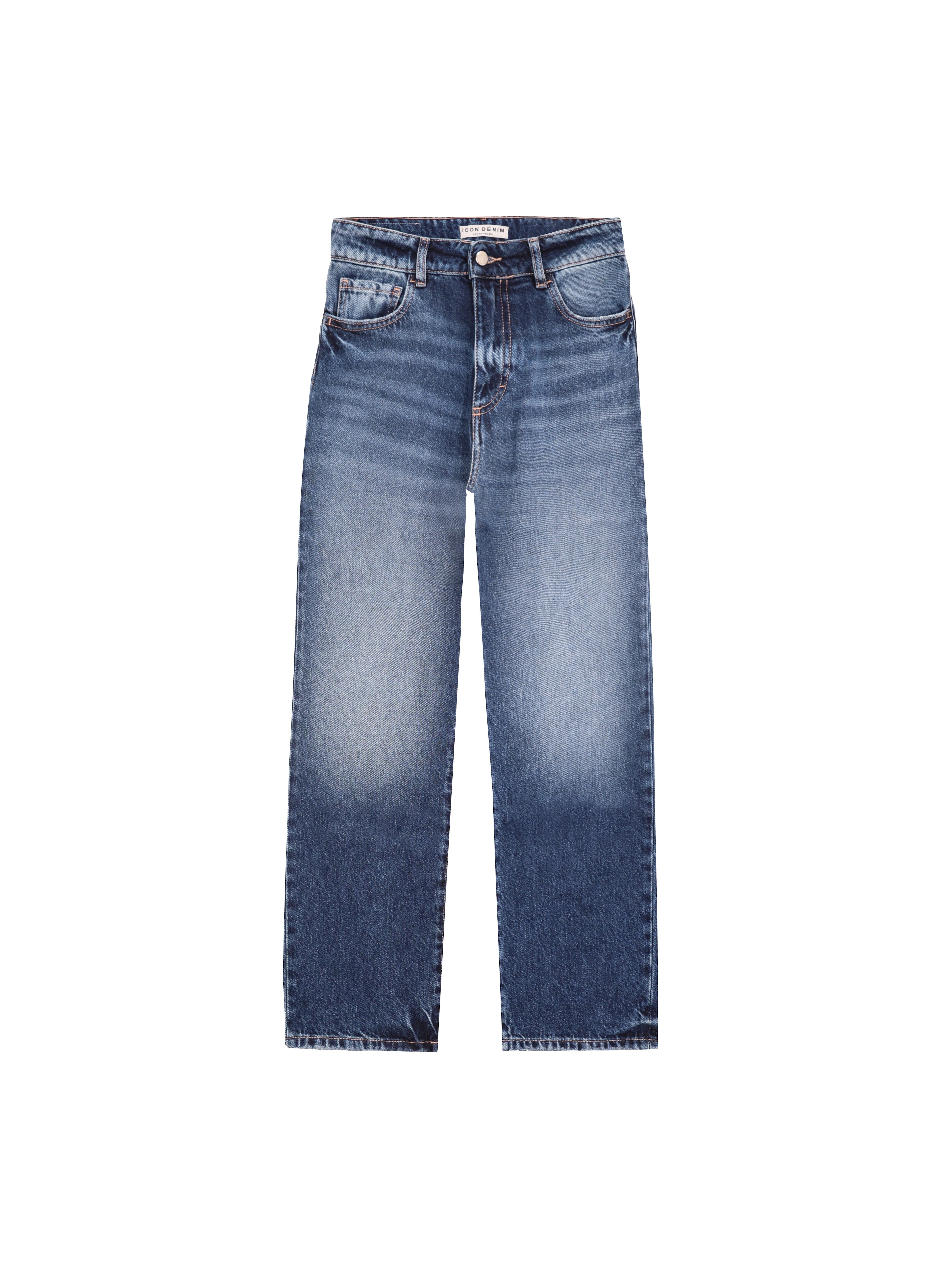 Still life of Jill women’s straight leg jeans in dark blue wash, 100% rigid cotton denim.
