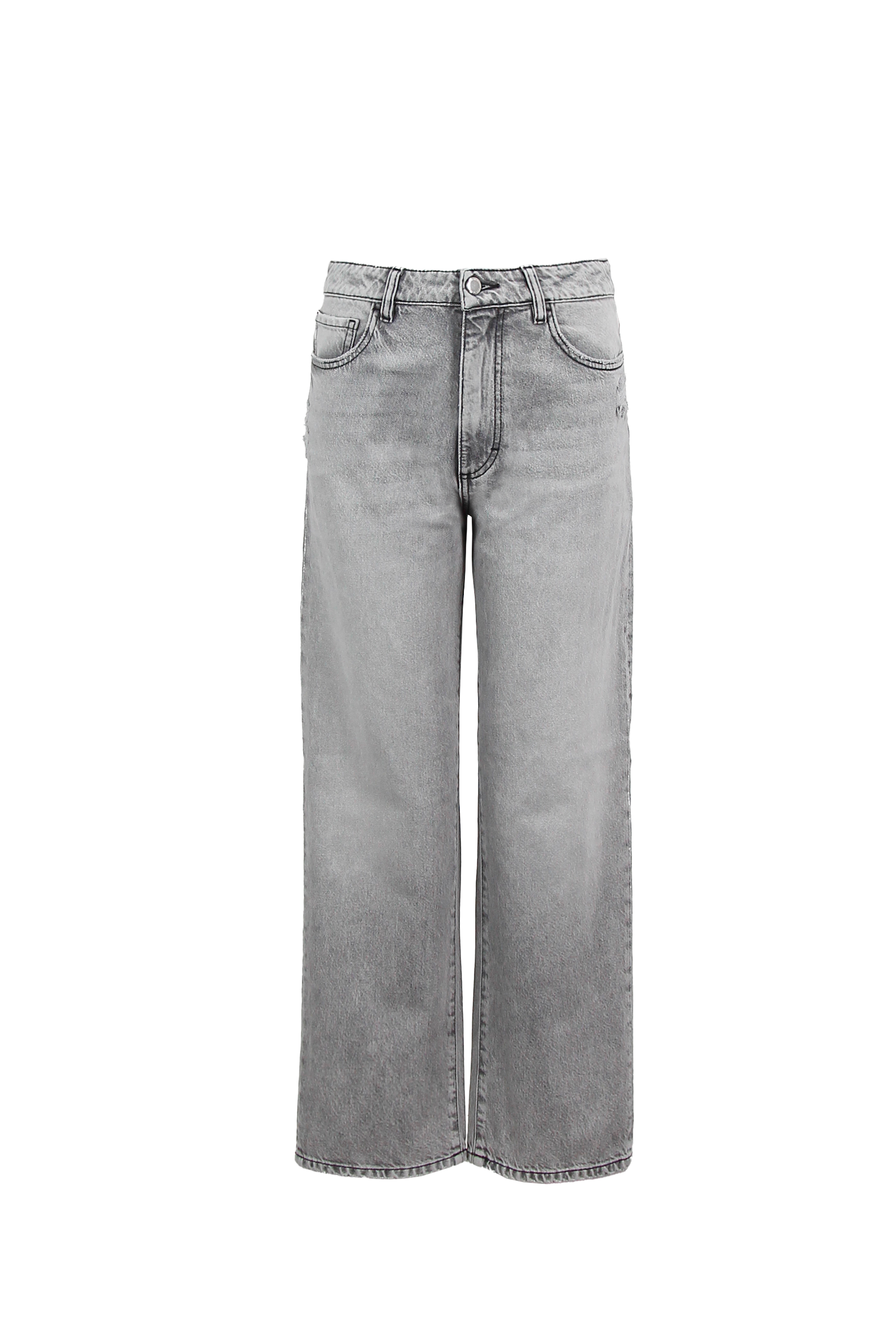 Still life of Jill women’s straight leg jeans in gray wash, 100% rigid cotton denim.