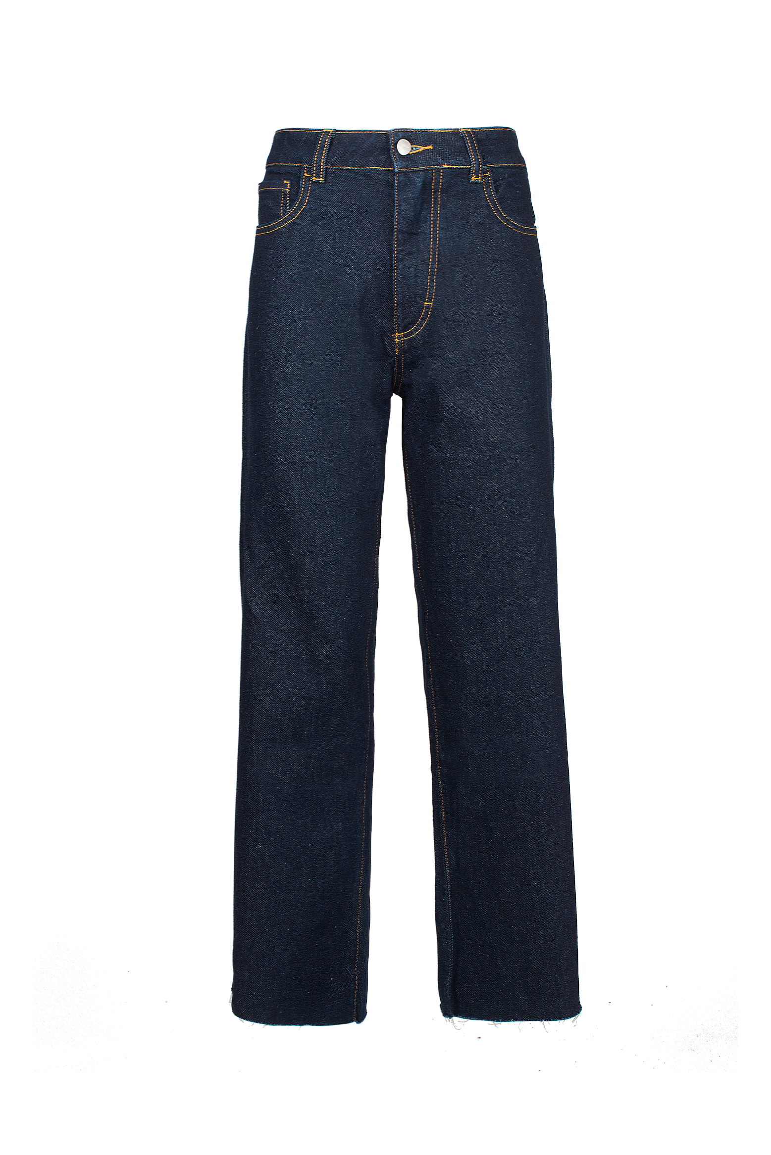 Still life of Jill women’s straight leg jeans in indigo raw, 100% rigid cotton denim.