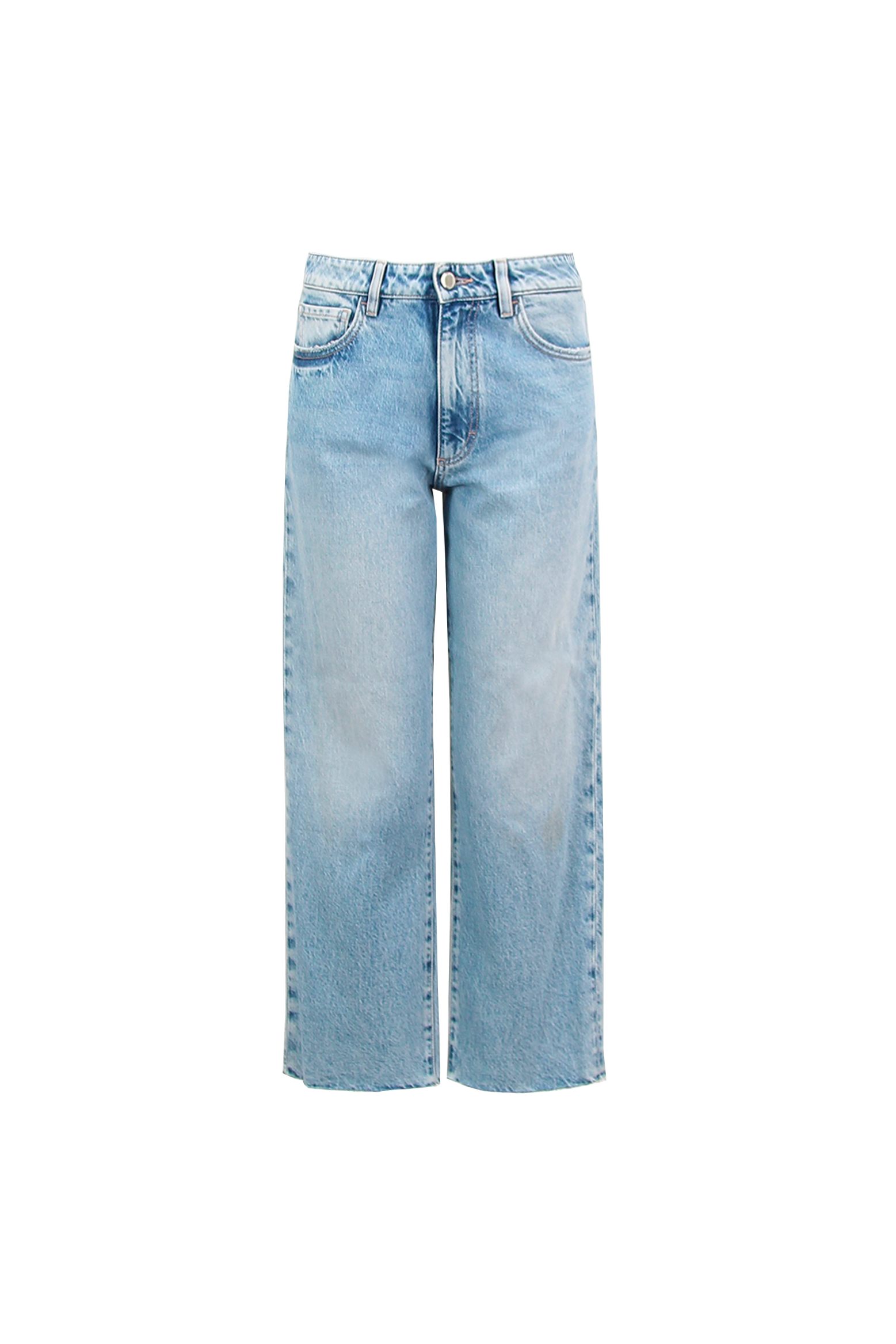Still life of Jill women’s straight leg jeans in light wash, 100% rigid cotton denim.
