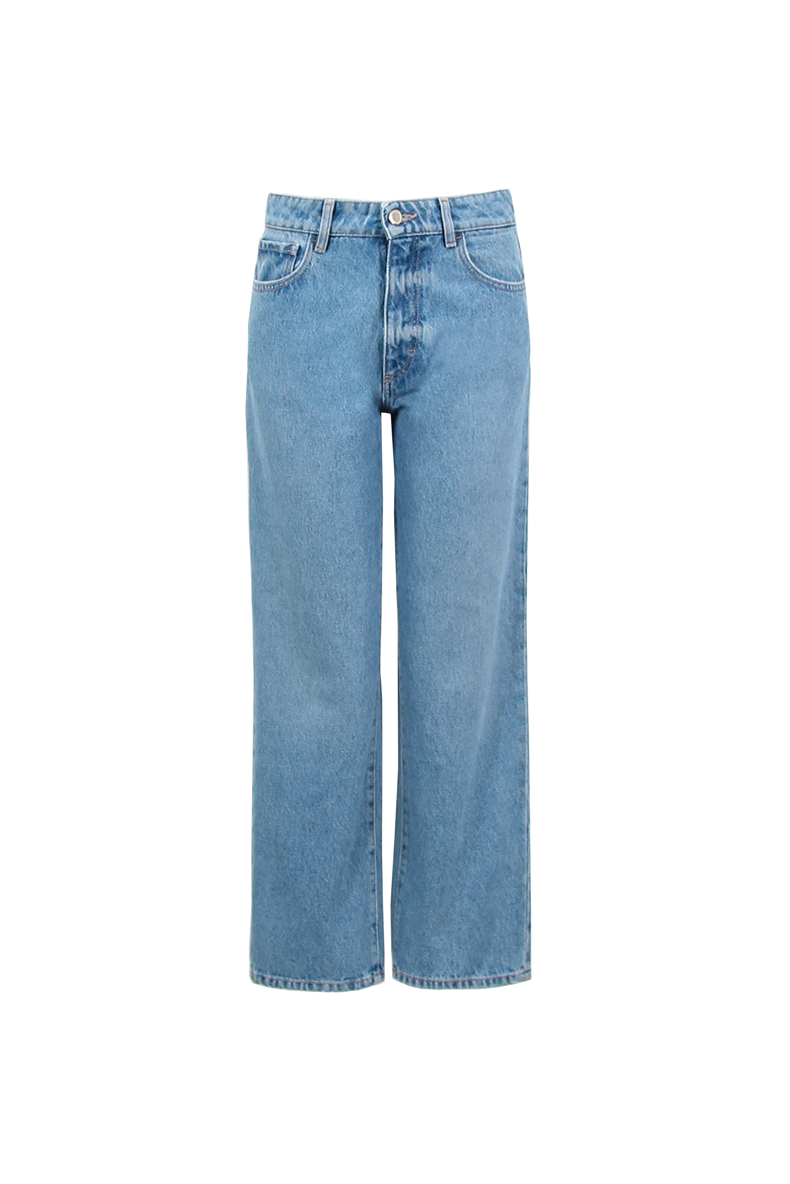Still life of Jill women’s straight leg jeans in medium wash, 100% rigid organic cotton denim.