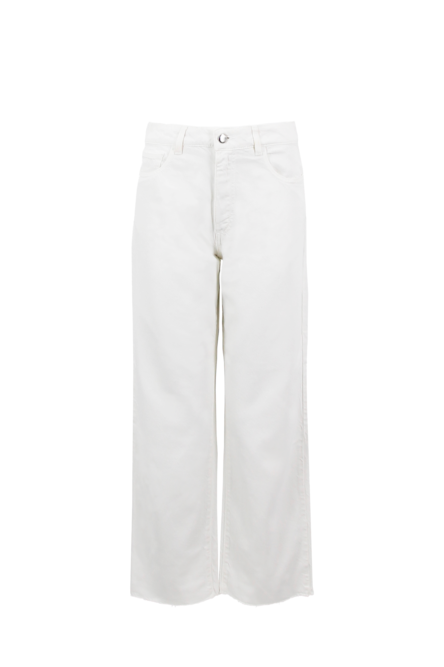 Still life of Jill women’s straight leg jeans in white, 100% rigid cotton denim.