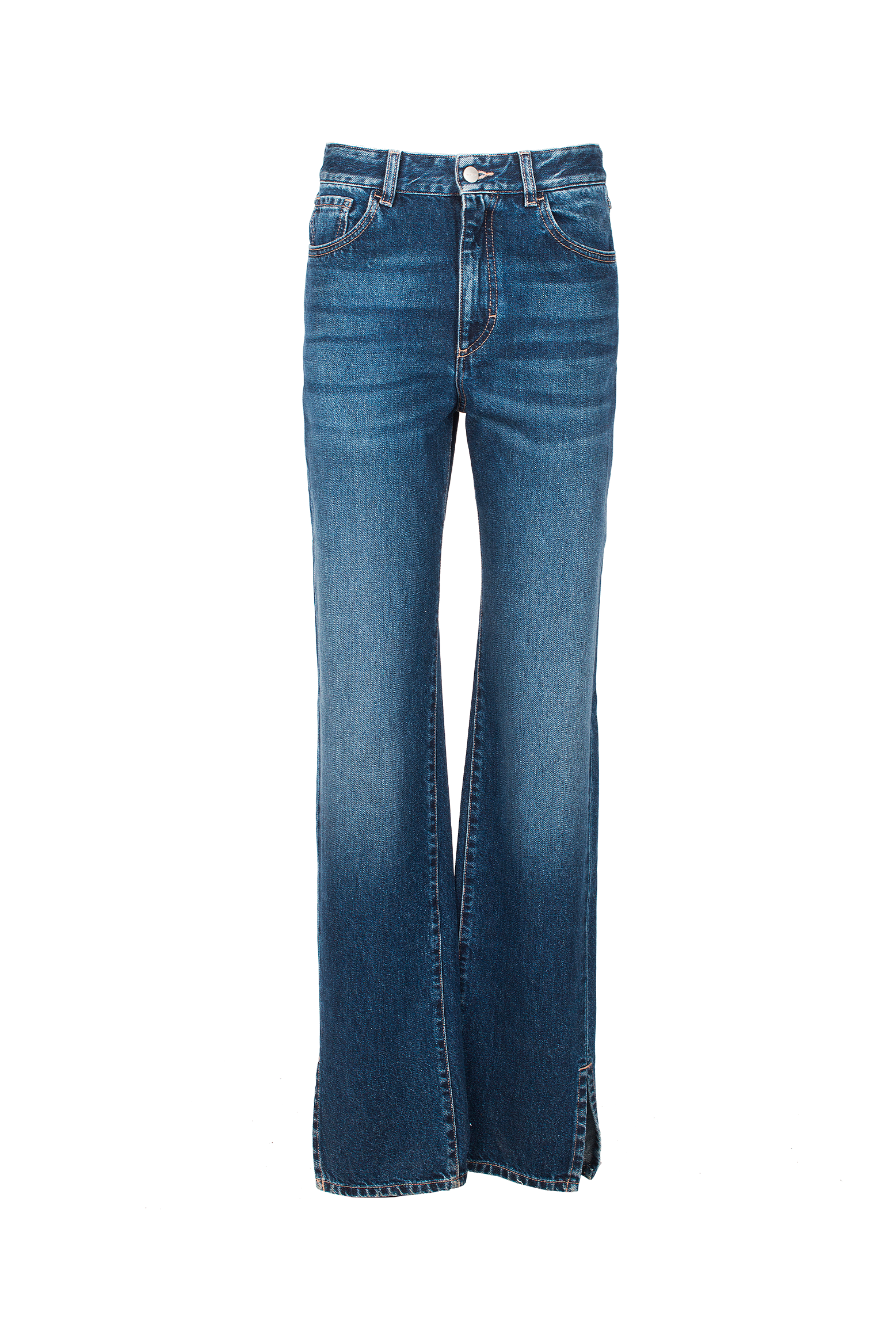 Still life of Jodie women’s straight leg jeans in dark wash, 100% rigid cotton denim.