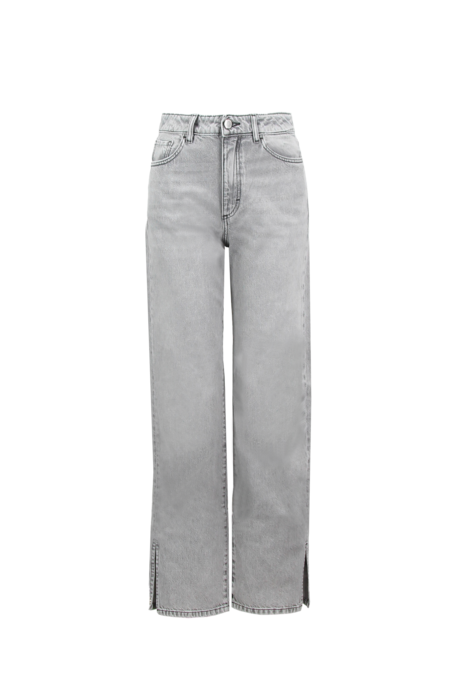 Still life of Jodie women’s straight leg jeans in gray wash, 100% rigid cotton denim.