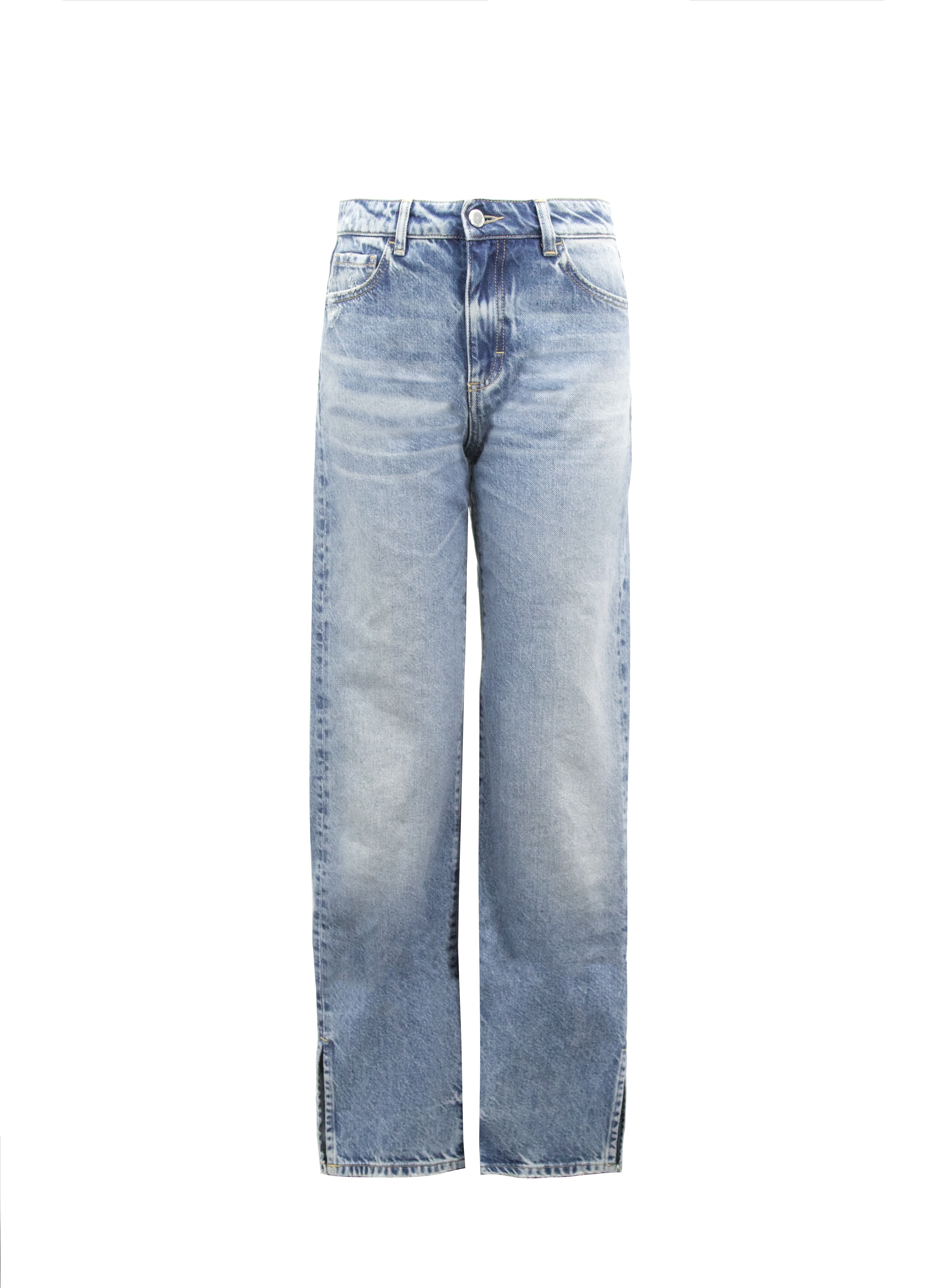 Still life of Jodie women’s straight leg jeans in smoke blue wash, 100% rigid cotton denim.