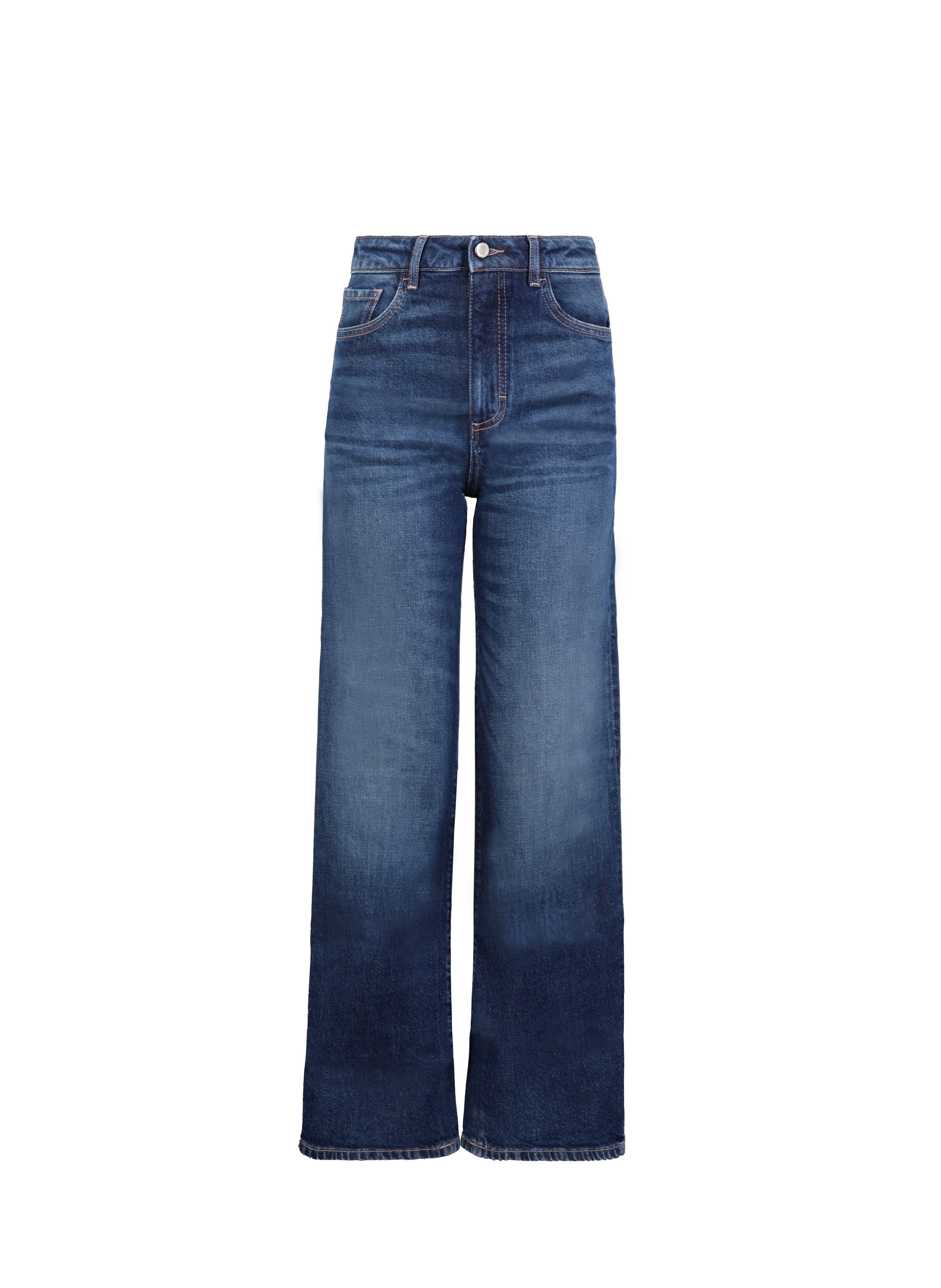 Still life of Joia women’s mom jeans in eclipse wash, 99% cotton denim and 1% Elastan fibers.