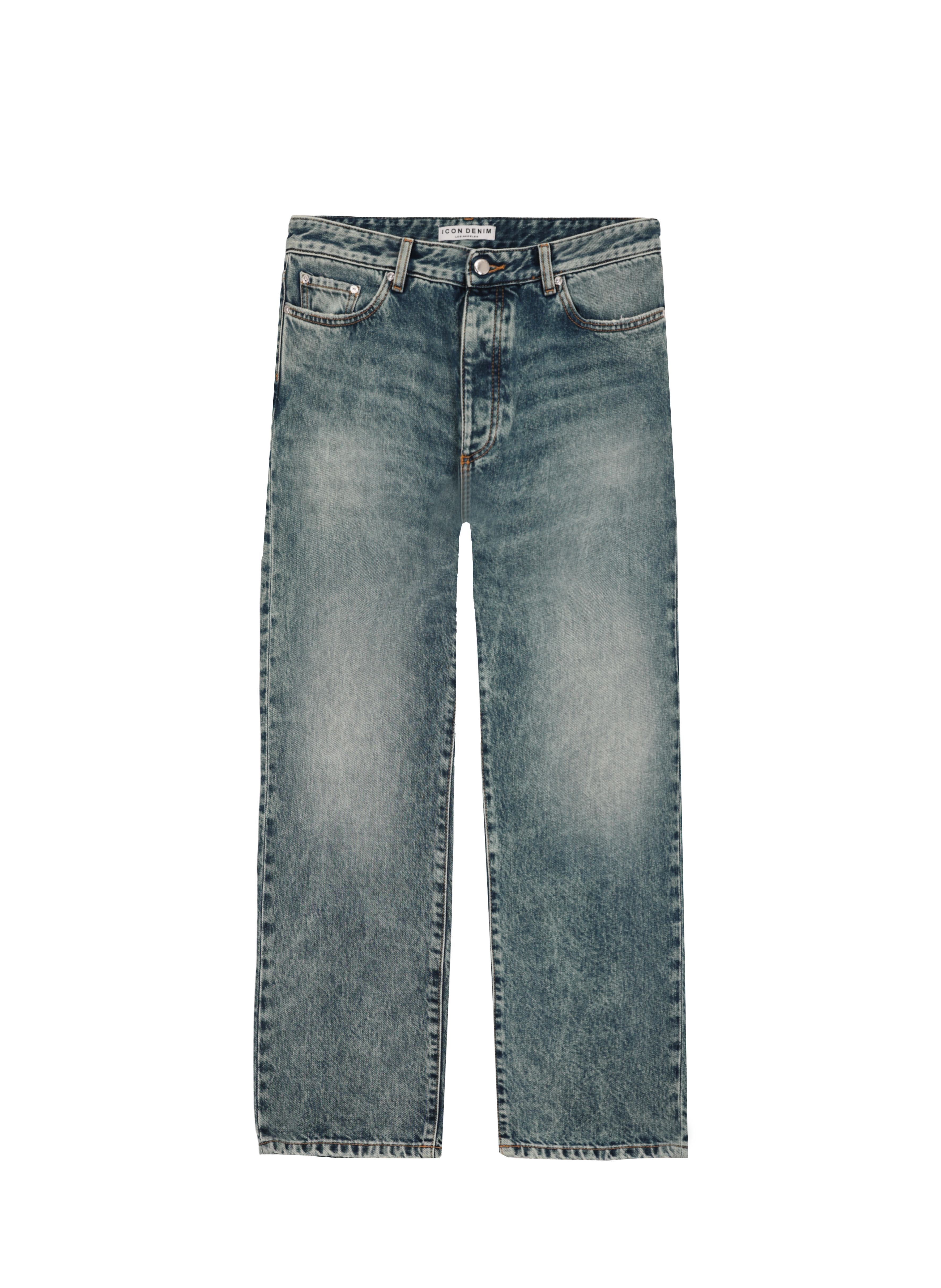 Still life of Josh men’s carrot jeans in aged stone wash, 100% rigid cotton denim.