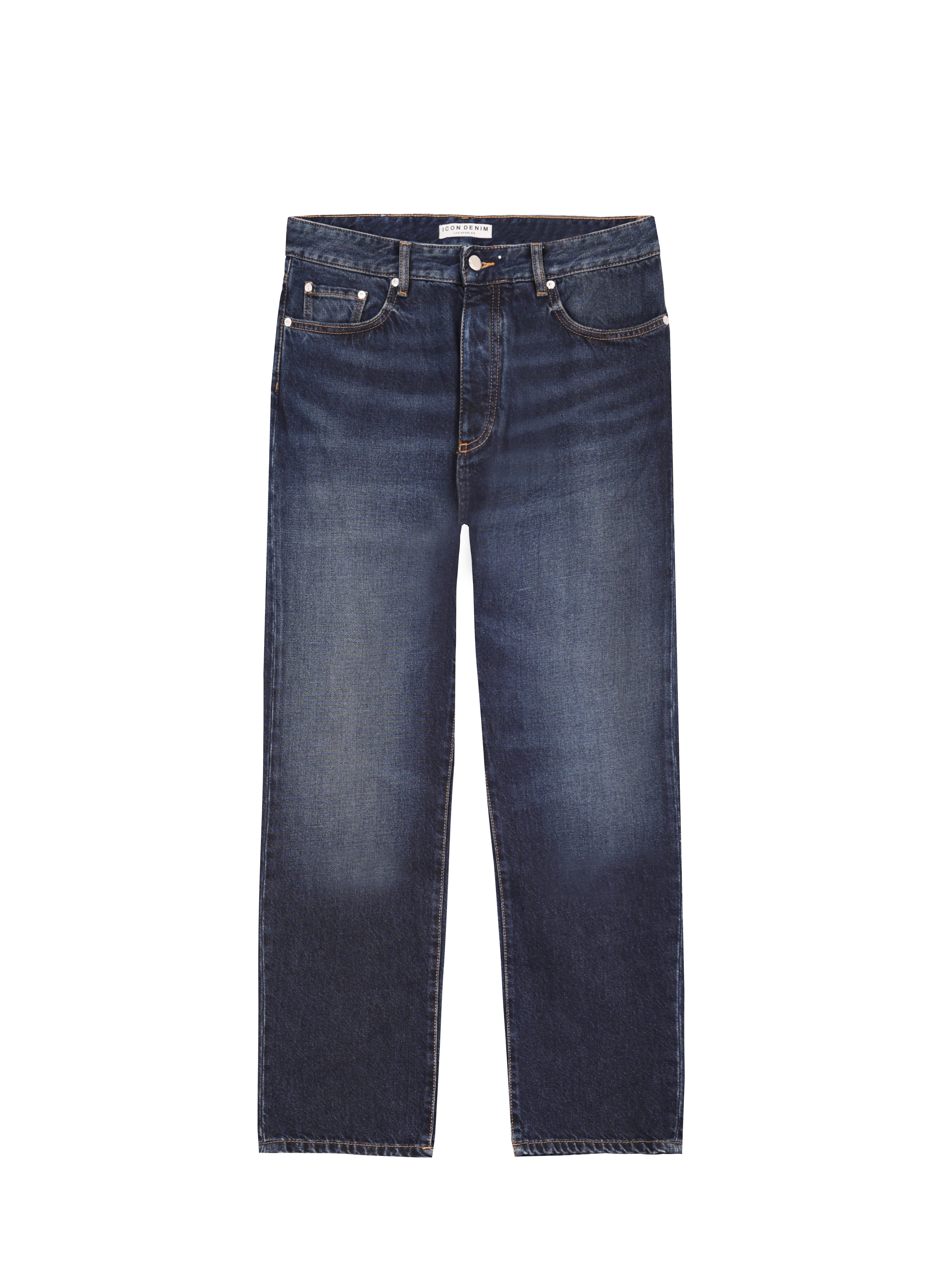 Still life of Josh men’s carrot jeans in dusty blue wash, 100% rigid cotton denim.