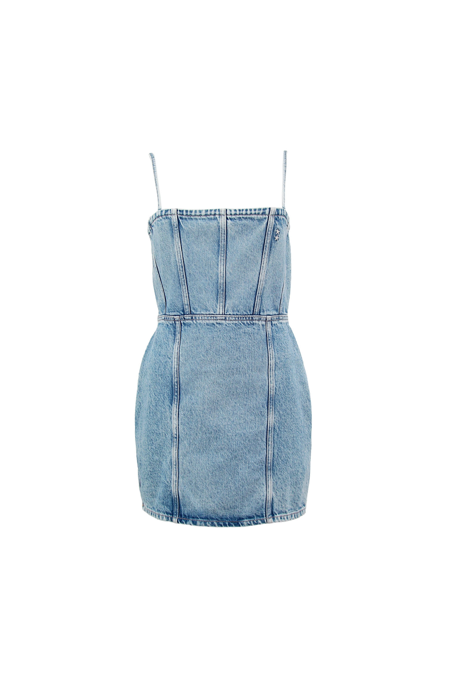 Still life of Judy women’s dress in light wash, 100% rigid cotton denim.