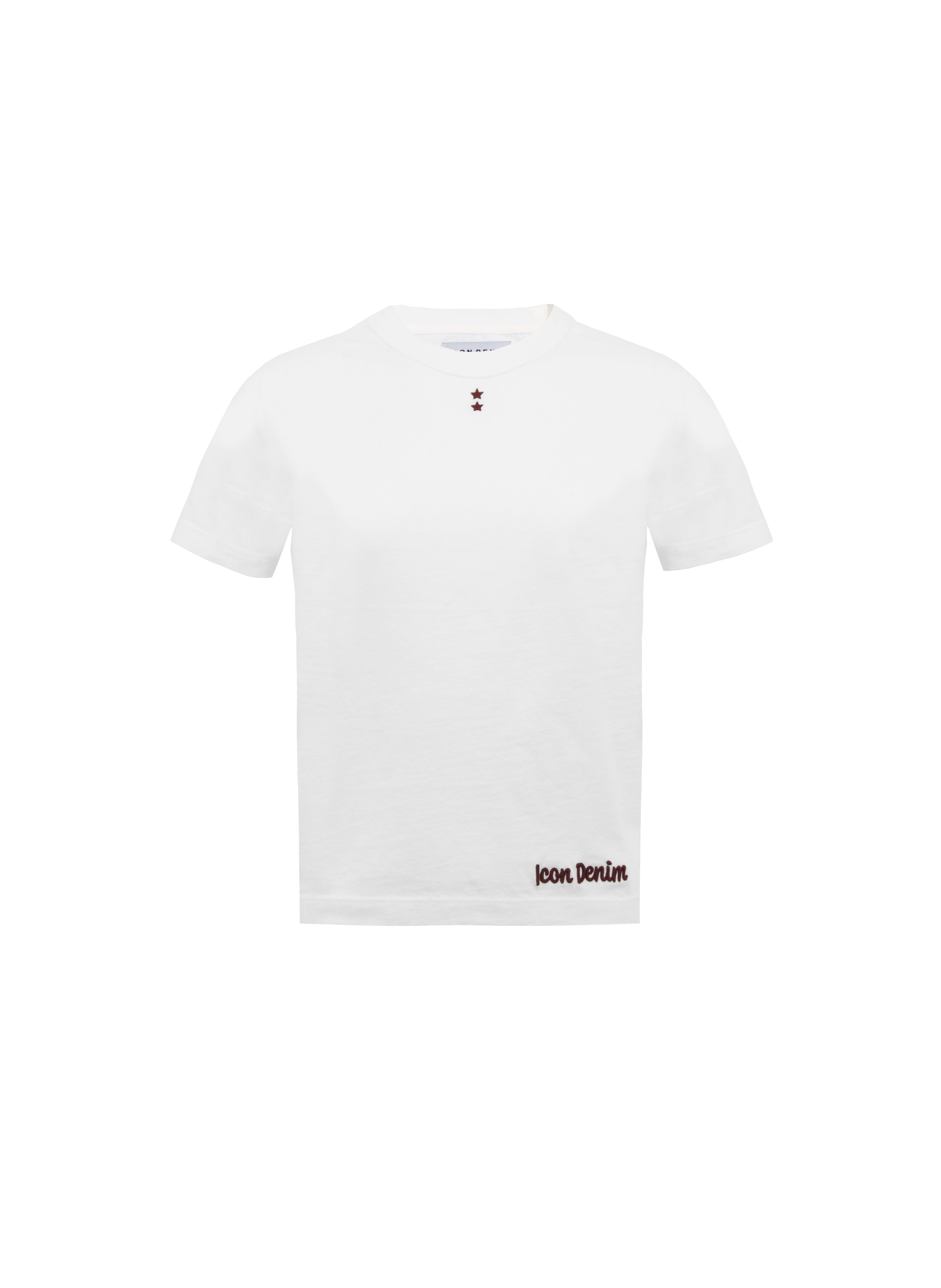 Still life of Julie women’s t-shirt in white, 100% cotton.
