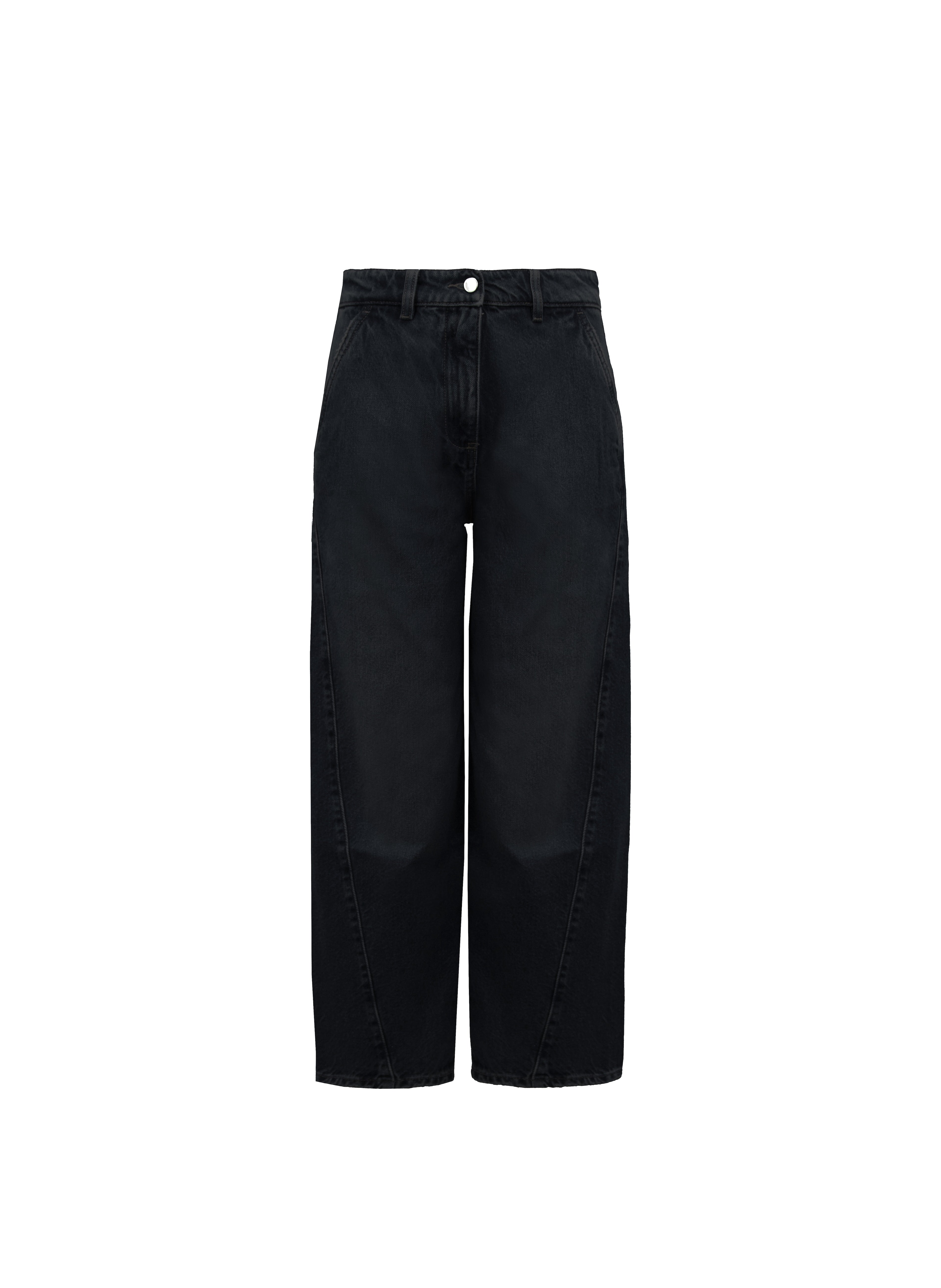 Still life of Juno women’s carrot jeans in graphite black wash, 100% rigid cotton denim.