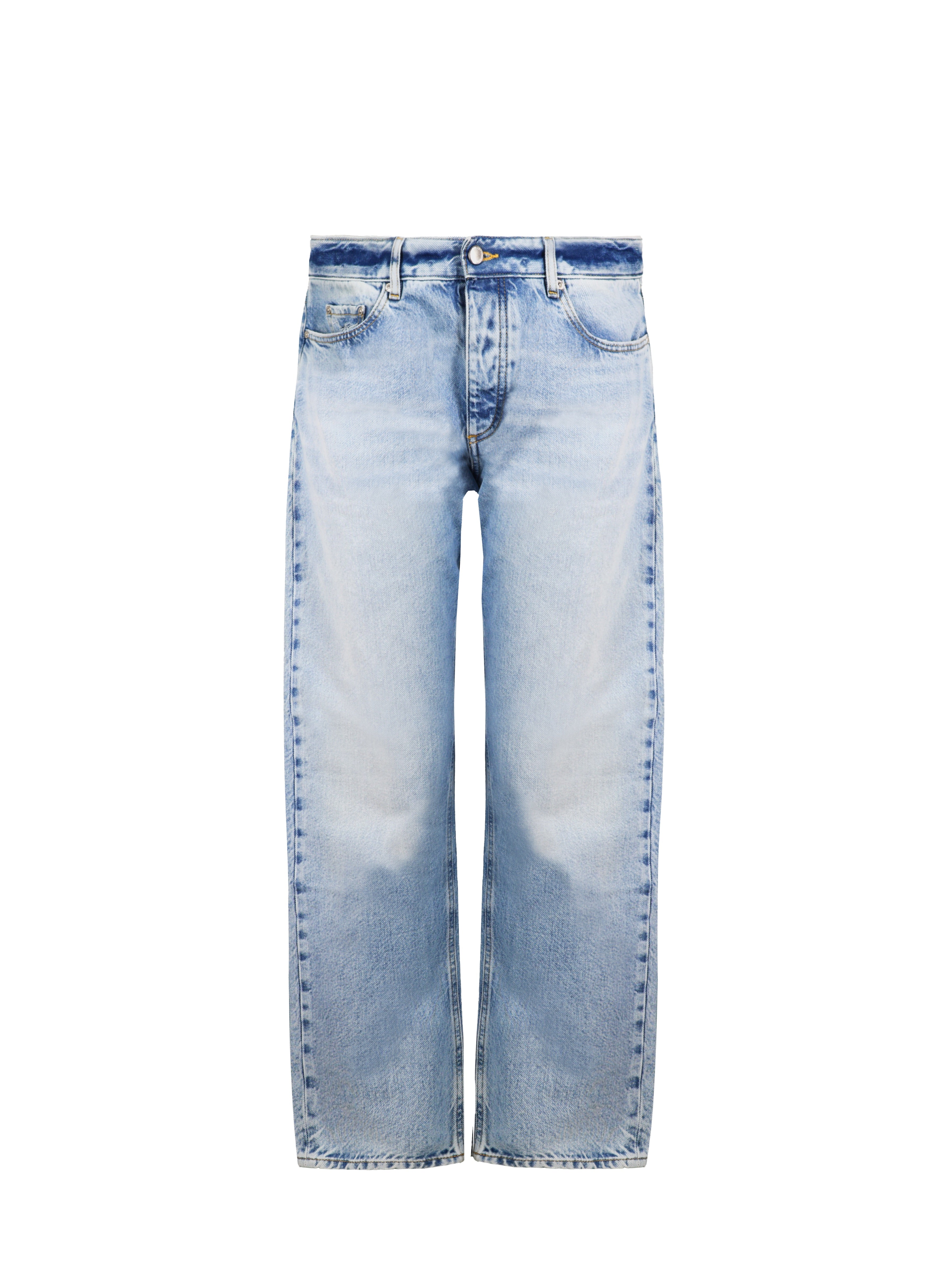 Still life of Kanye men’s loose jeans in sky blue wash, 100% rigid cotton denim.