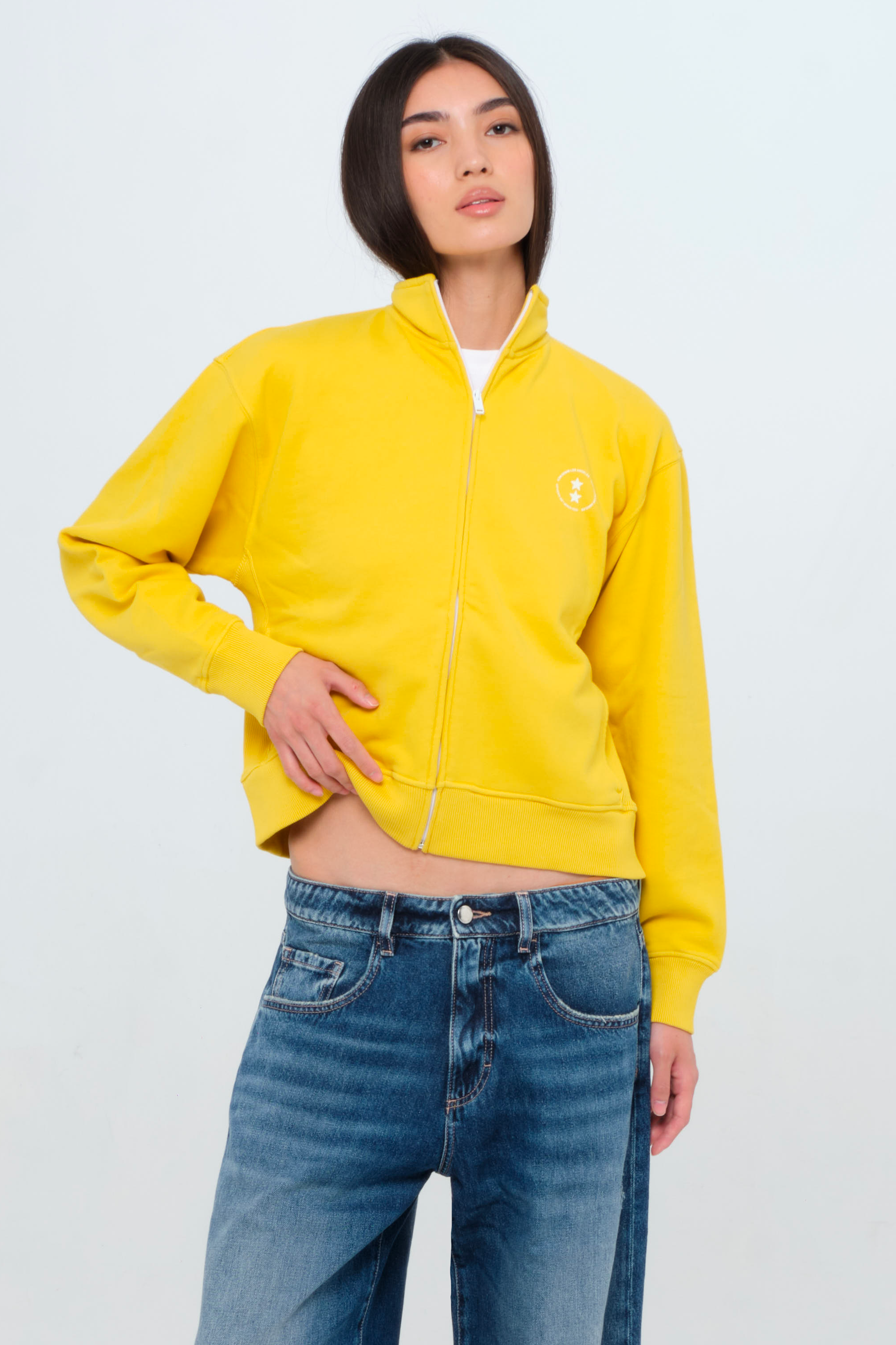 Kara women’s sweatshirt in sunny, 100% cotton, worn by a model.