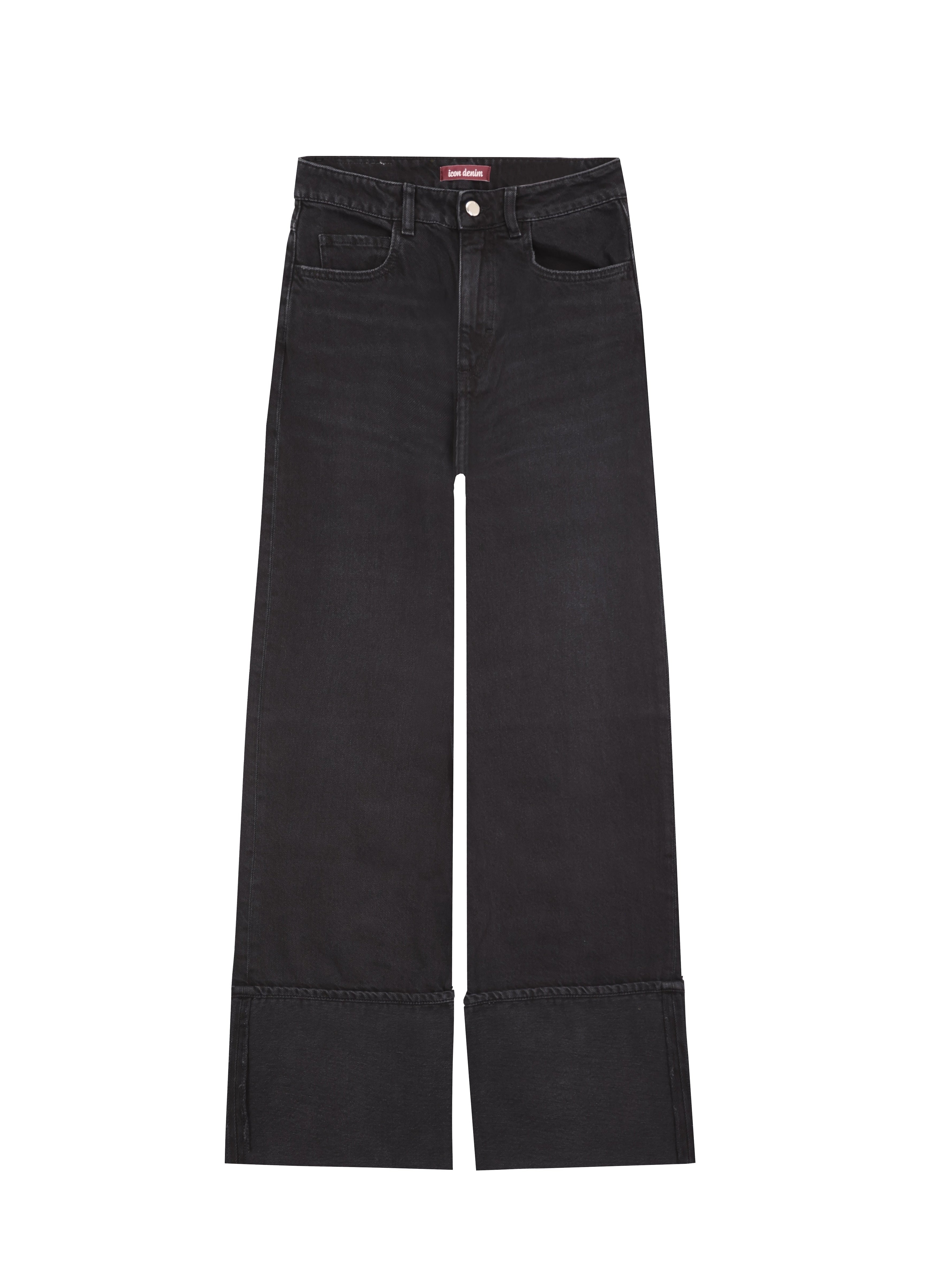 Still life of Kiki women’s wide leg jeans in graphite black wash, 100% rigid cotton denim.