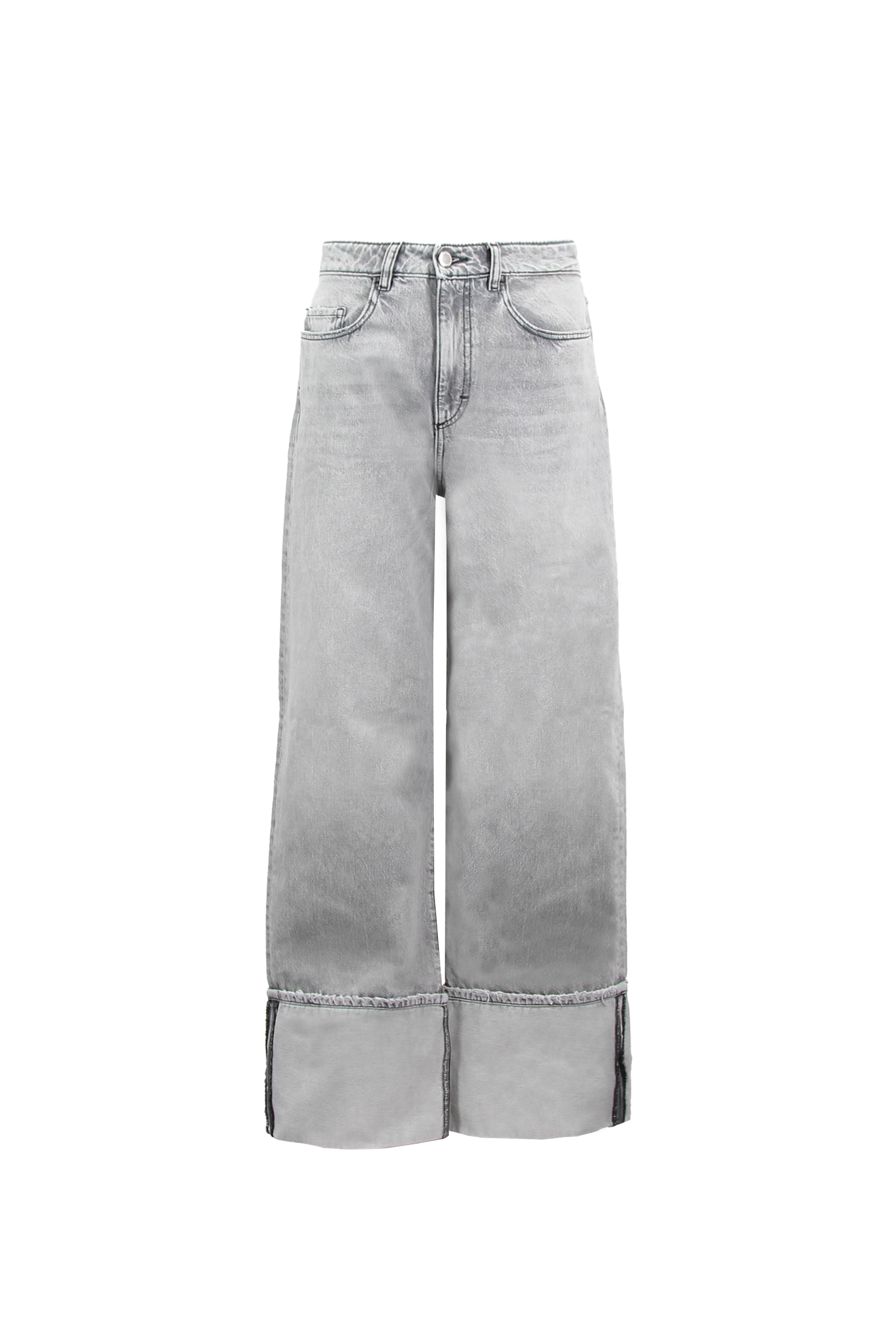 Still life of Kiki women’s wide leg jeans in gray wash, 100% rigid cotton denim.