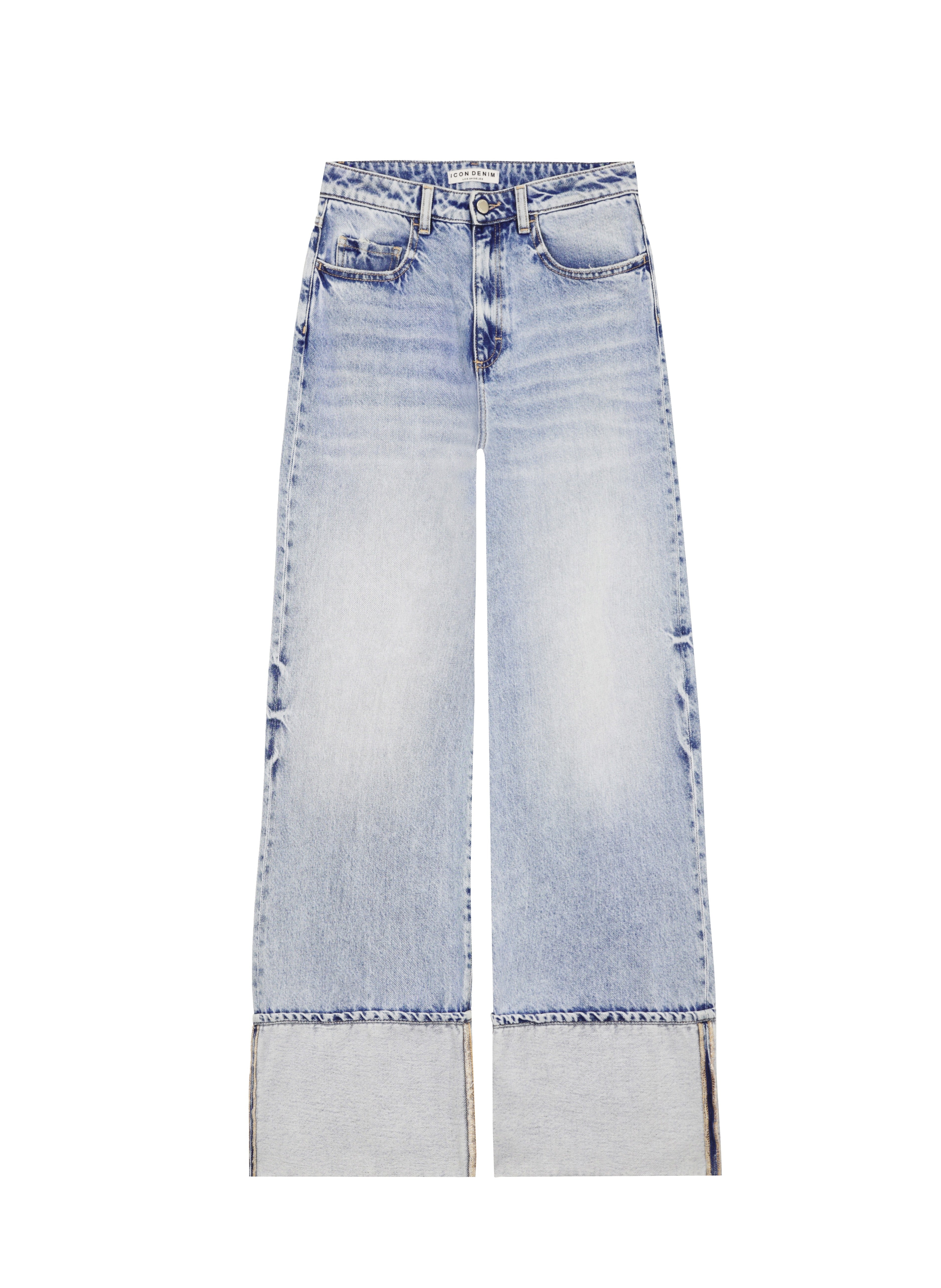 Still life of Kiki women’s wide leg jeans in sky blue wash, 100% rigid cotton denim.