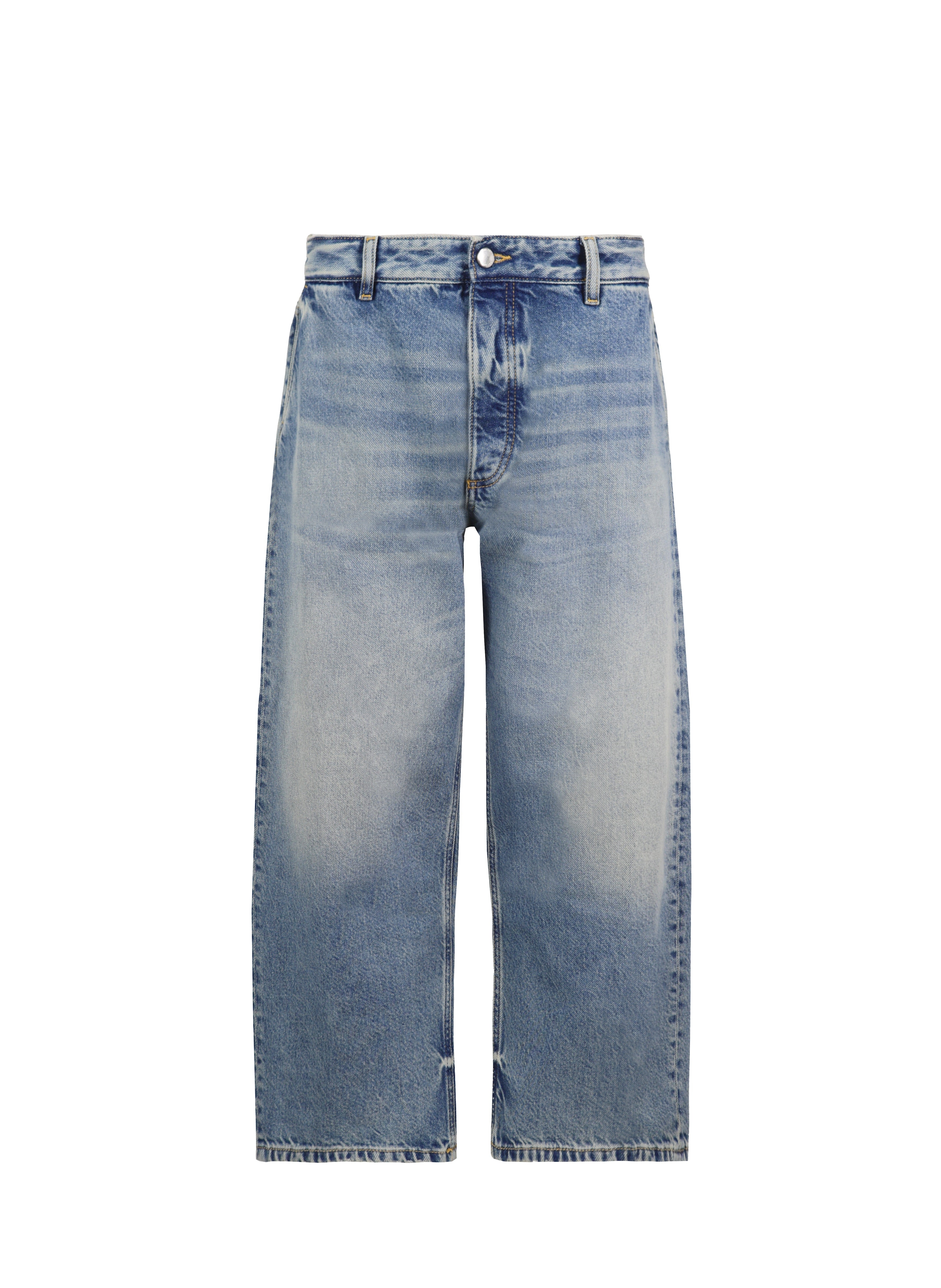 Still life of Leo men’s wide leg crop jeans in smoke blue wash, 100% rigid cotton denim.