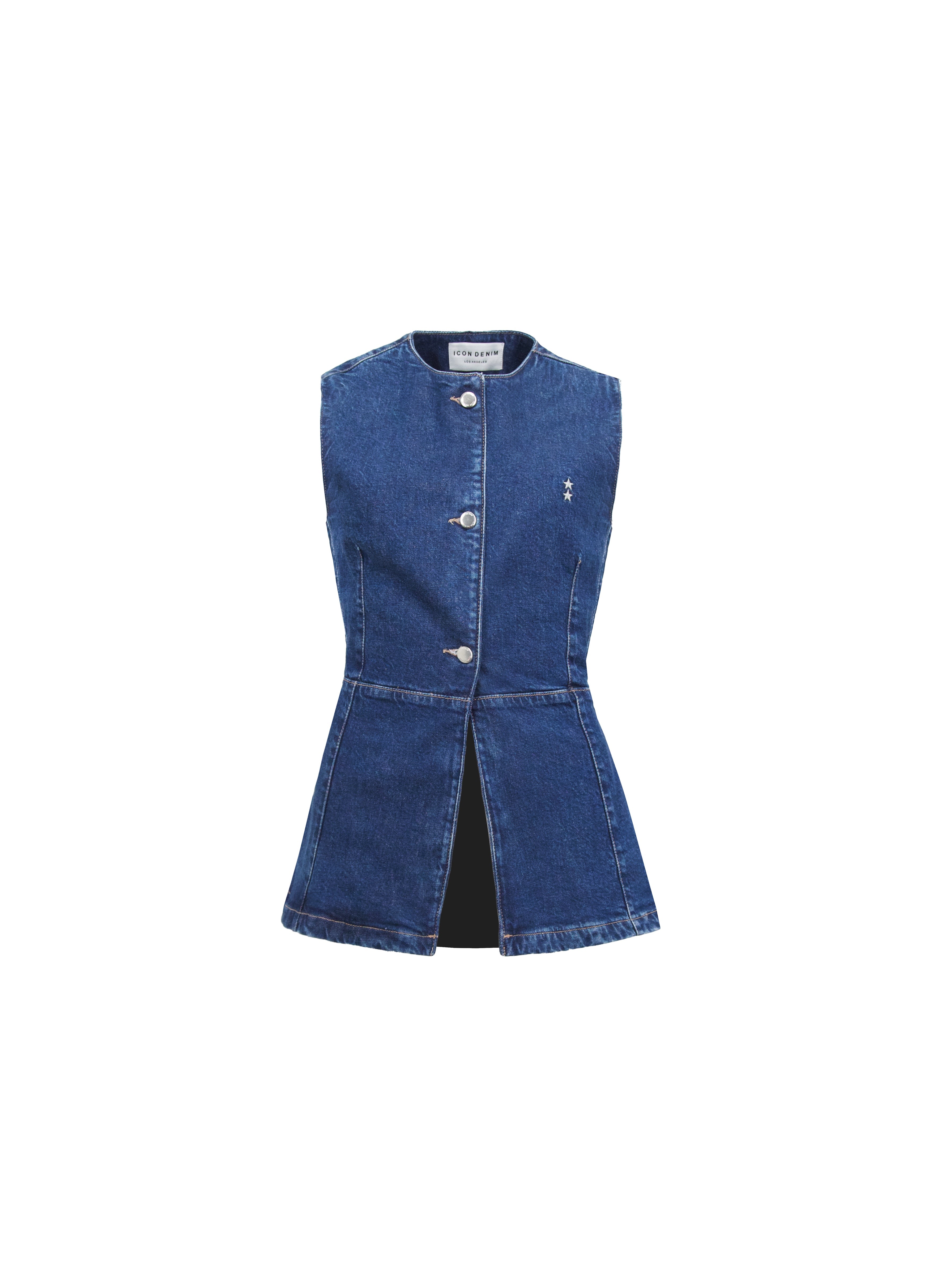 Still life of Lola women’s vest in eclipse wash, 100% rigid cotton denim.