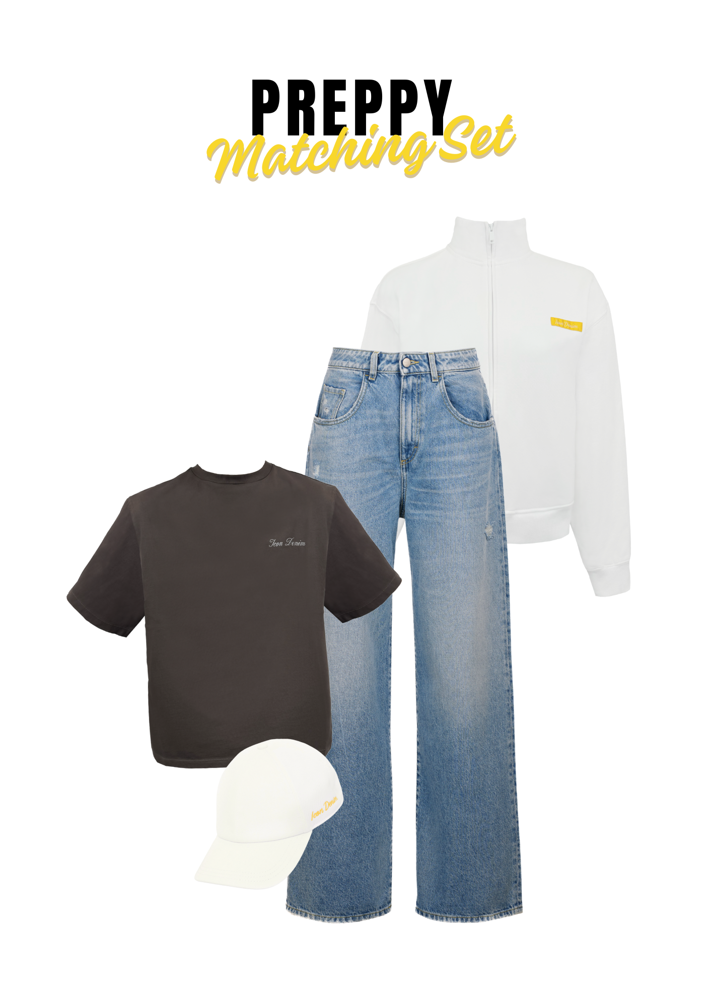 Matching set of Poppy women's wide leg jeans in medium wash, 100% rigid cotton denim.