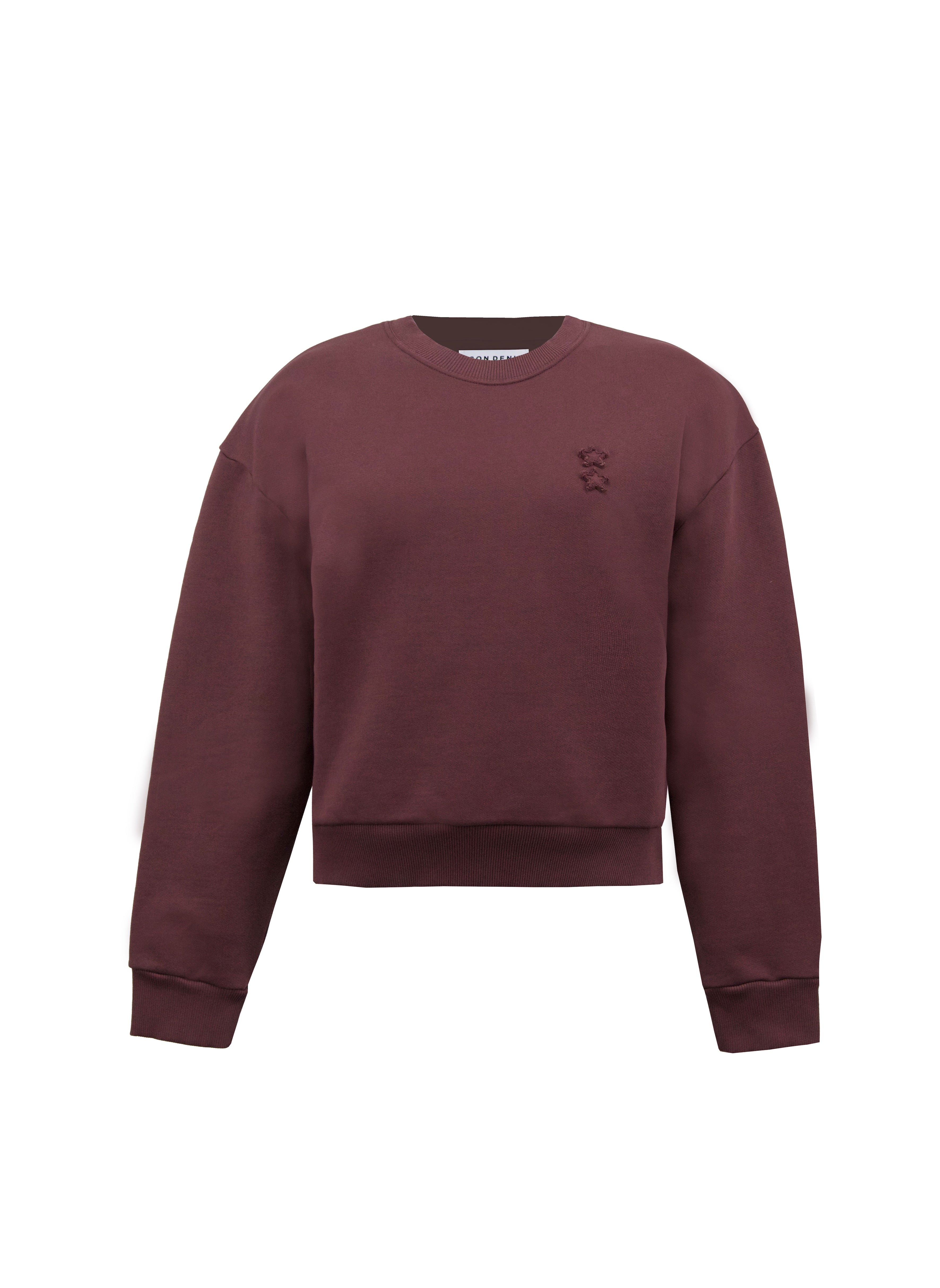 Still life of Mellie women’s sweatshirt in cherry, 100% cotton.