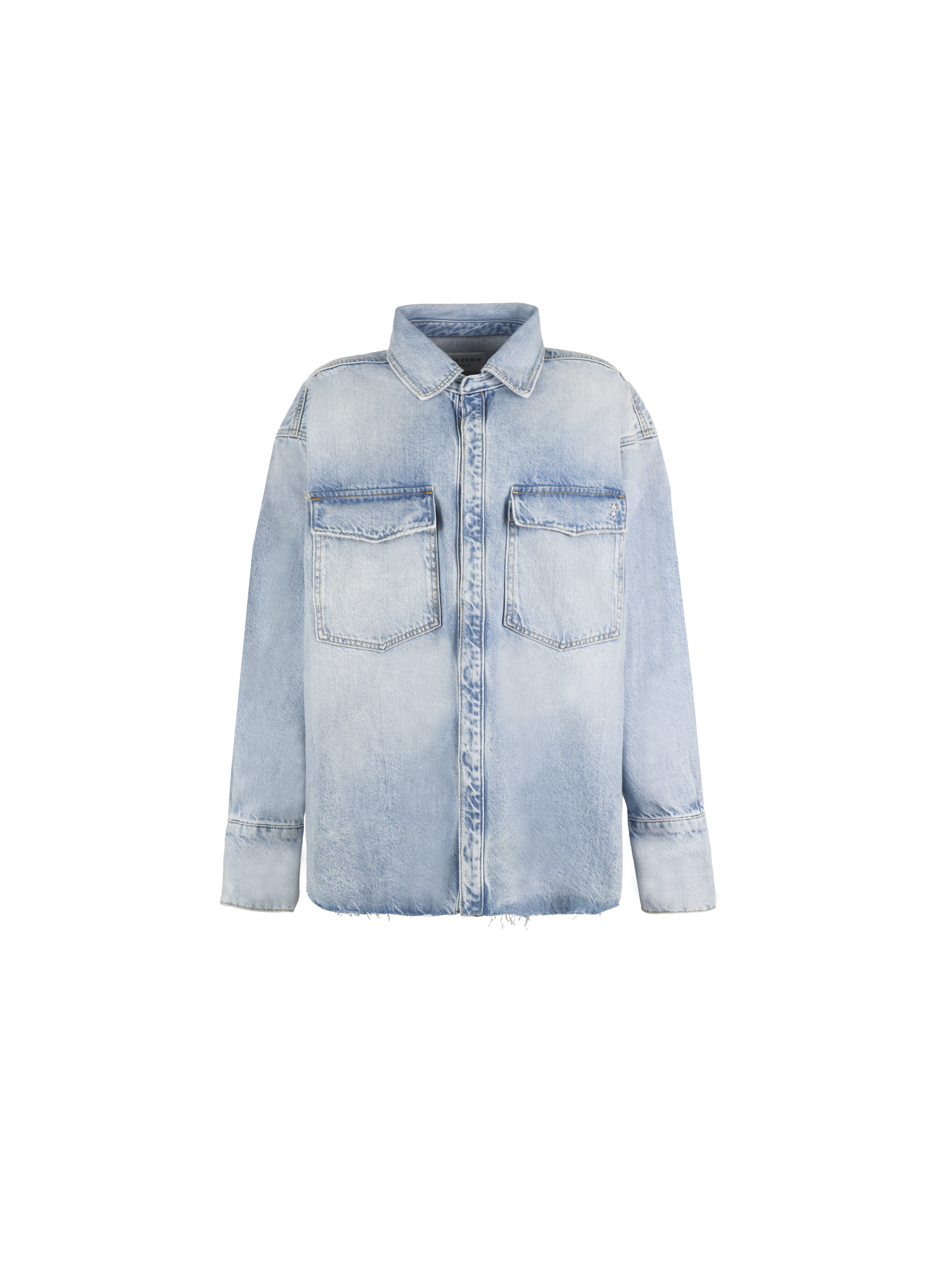 Still life of Mila women’s oversize shirt in bleached wash, 100% rigid cotton denim.