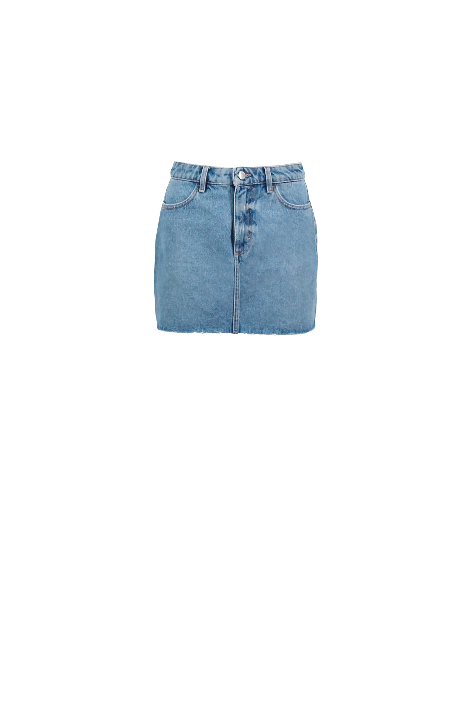 Still life of Nelly Eco women’s short skirt in medium wash, 100% rigid organic cotton denim.