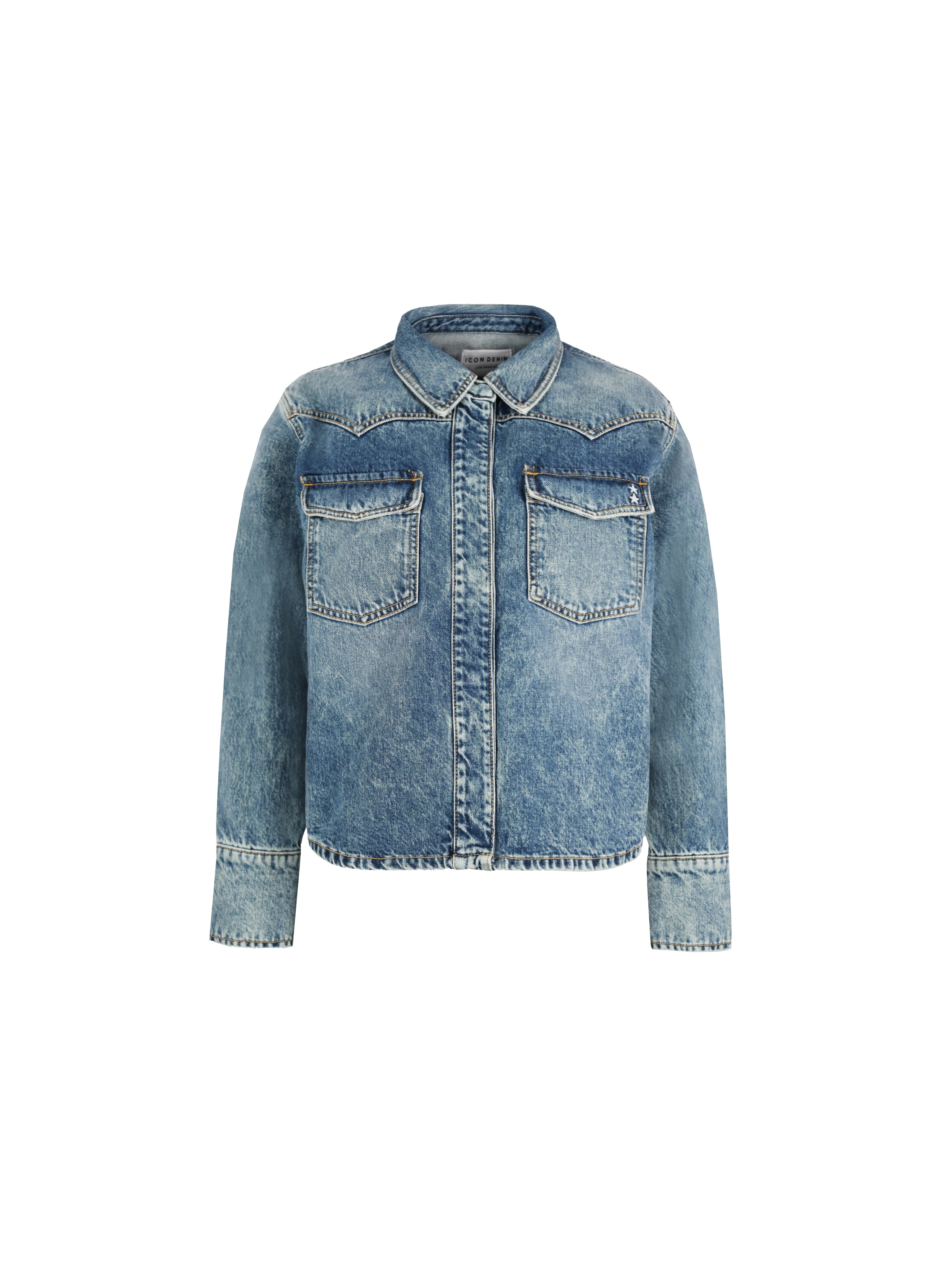 Still life of Norah women’s regular shirt in aged stone wash, 100% rigid cotton denim.