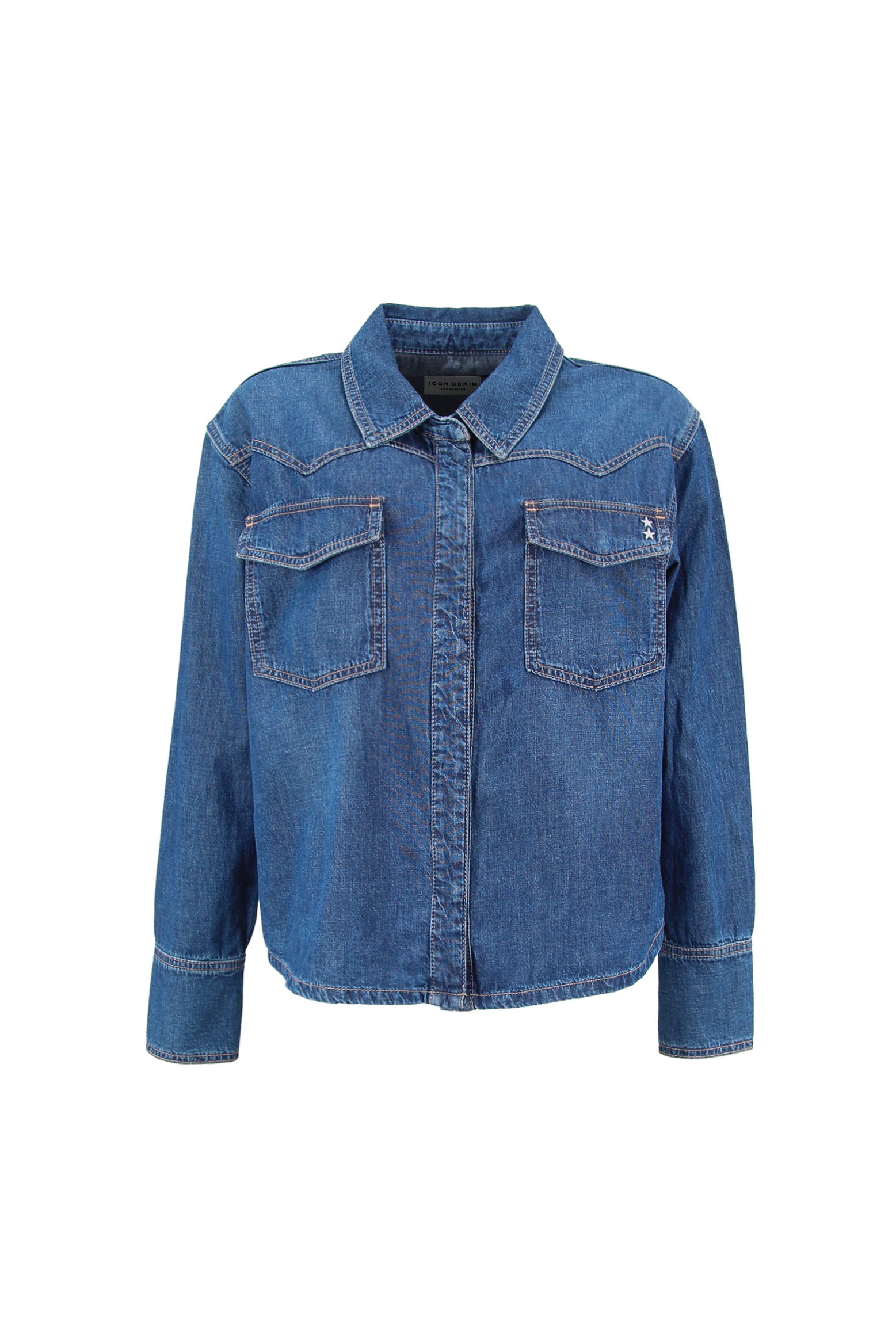 Still life of Norah women’s shirt in dark wash, 100% rigid soft cotton denim.
