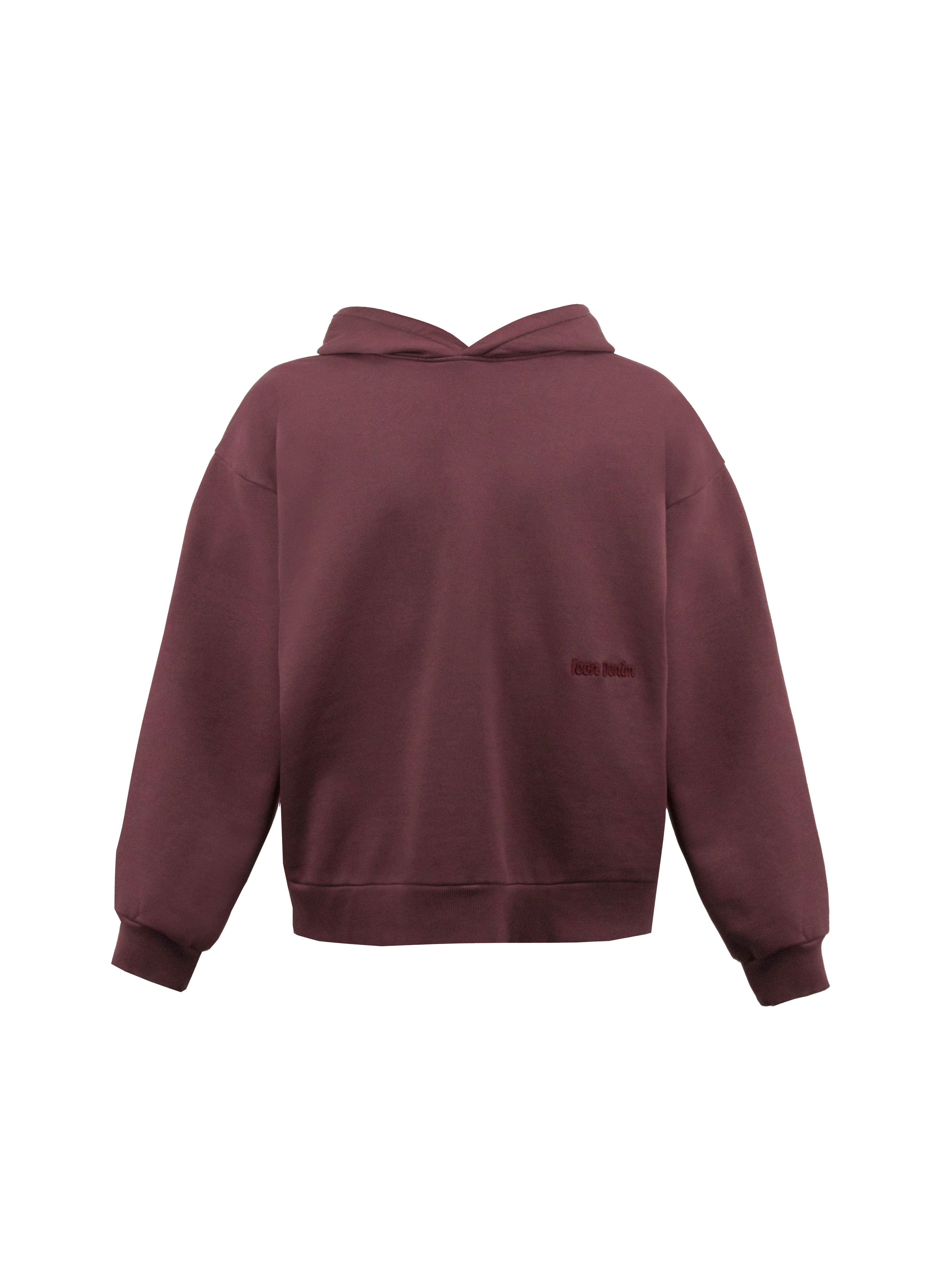 Still life of Owen men’s hoodie in cherry, 100% cotton.