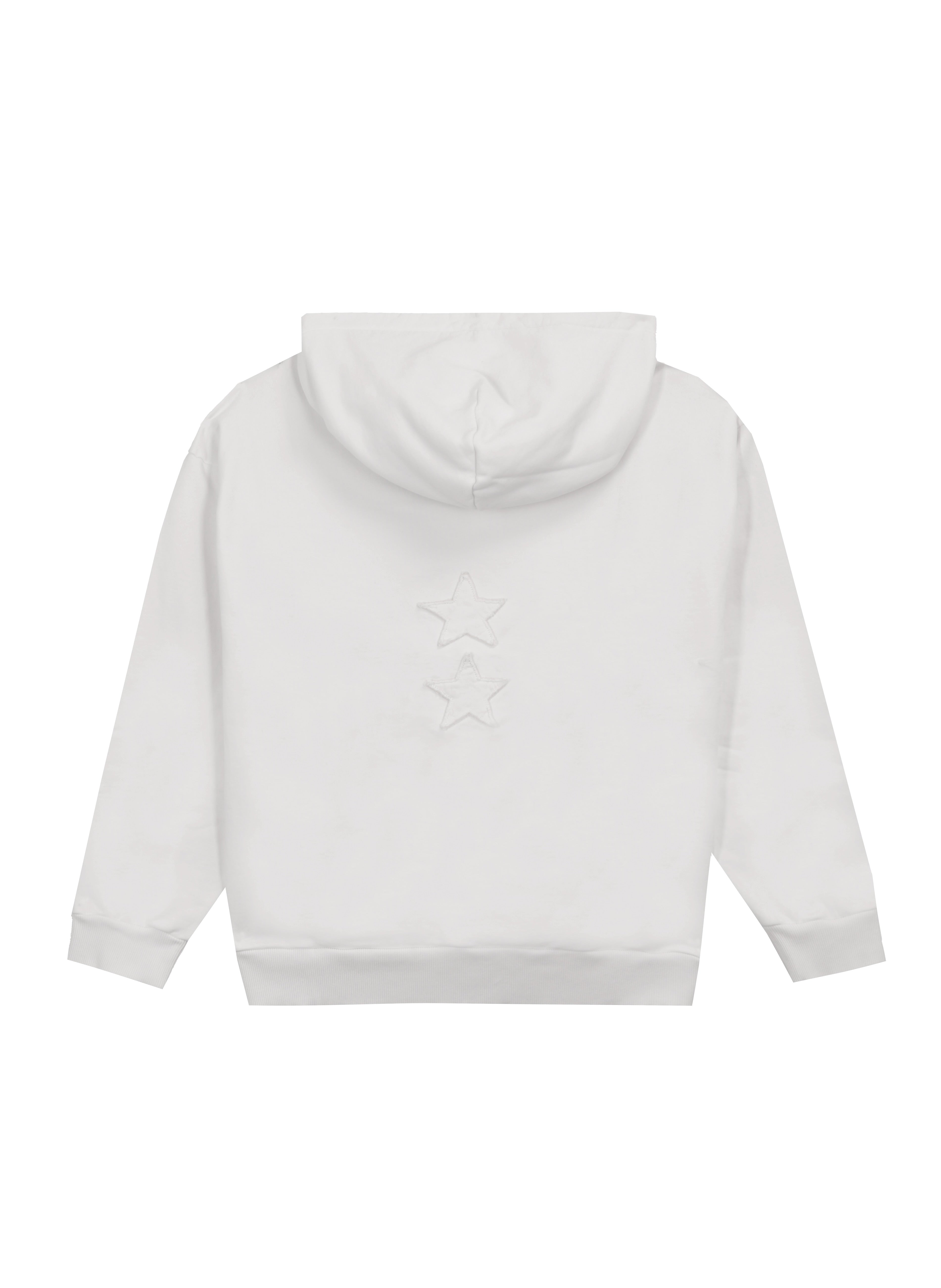 Still life back of Owen men’s hoodie in white, 100% cotton.