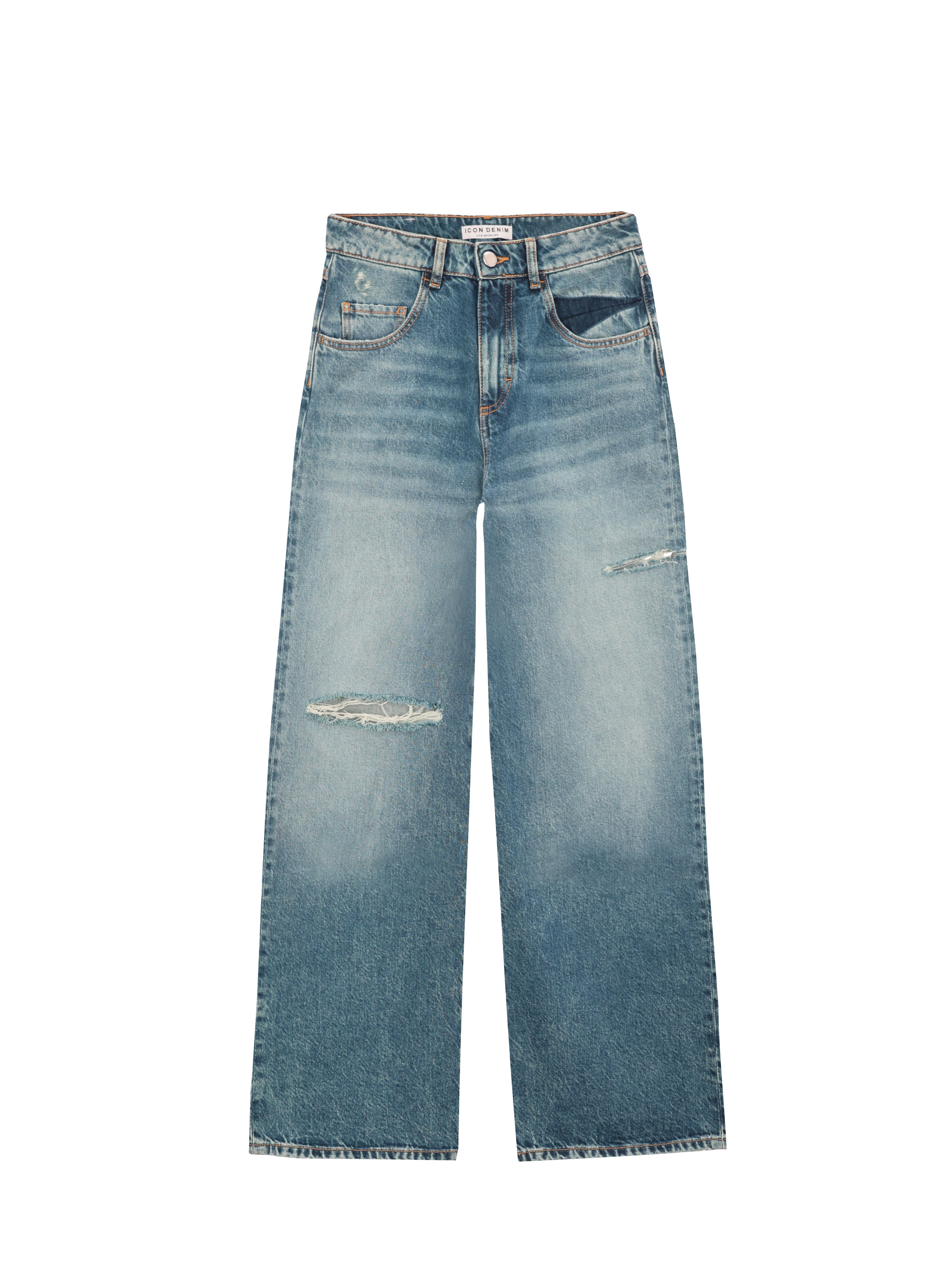 Still life of Poppy women’s wide leg jeans in aged stone wash, 100% rigid cotton denim.