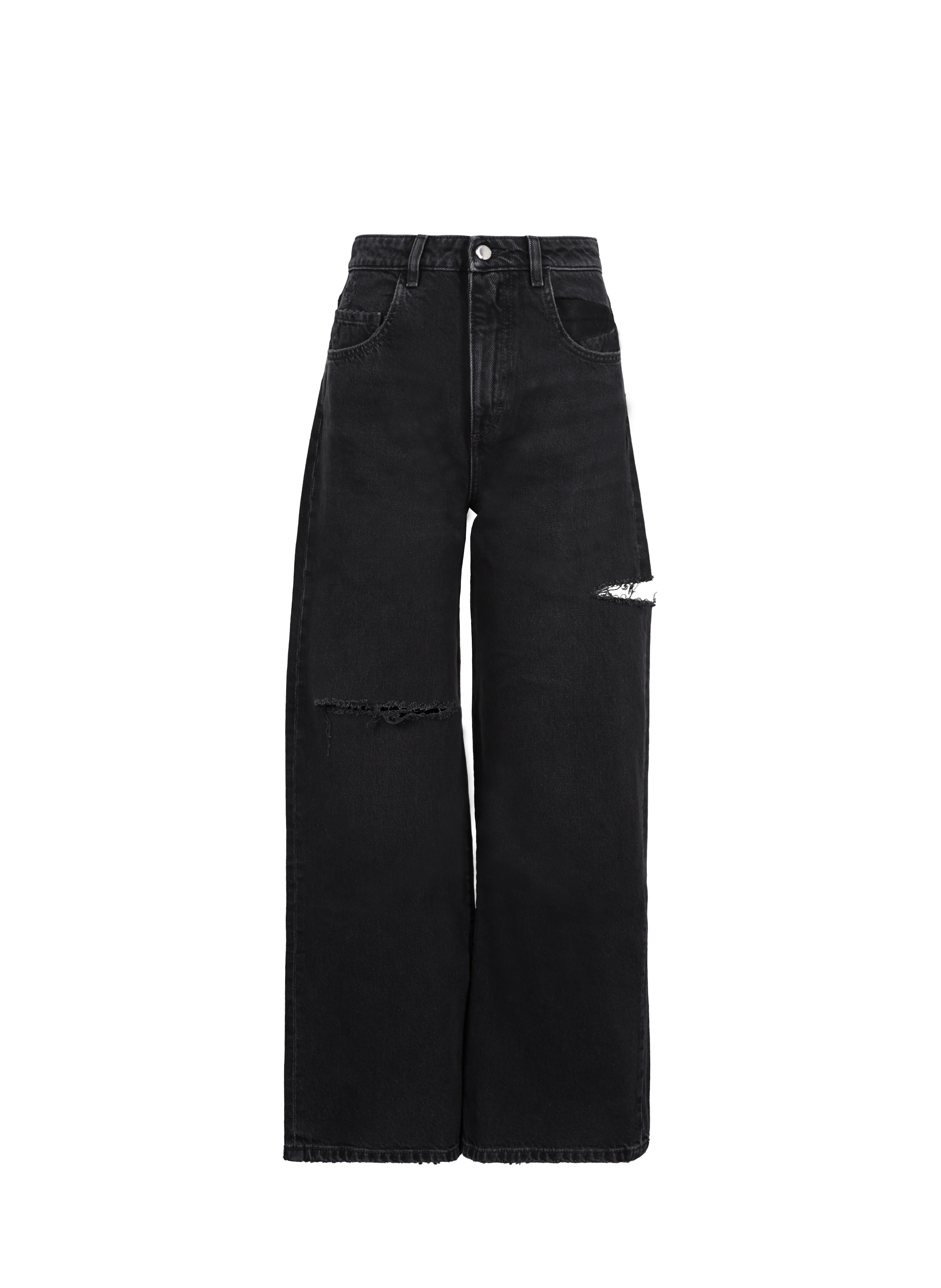 Still life of Poppy women’s wide leg jeans in graphite black wash, 100% rigid cotton denim.