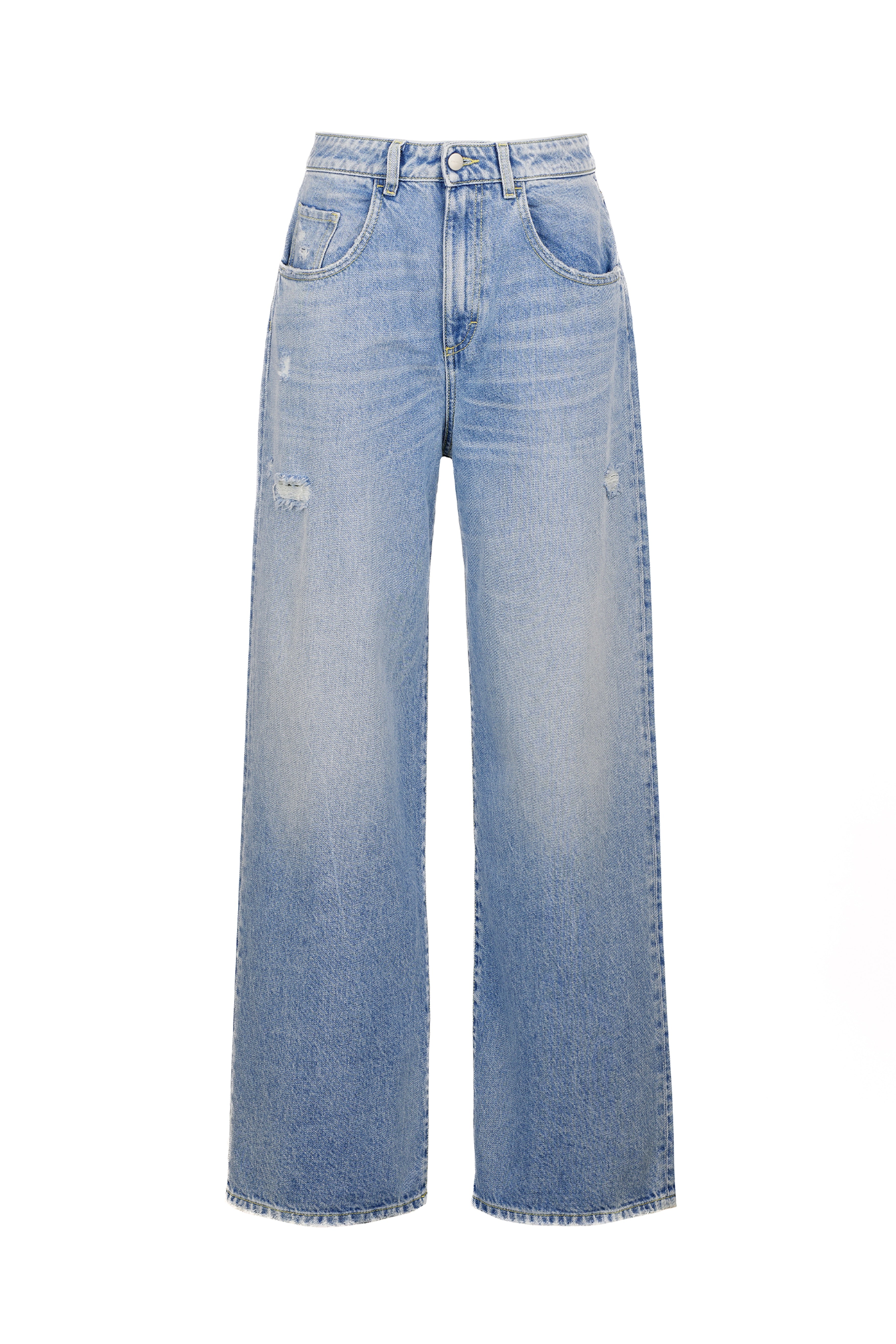 Still life of Poppy women’s wide leg jeans in sky blue wash, 100% rigid cotton denim.
